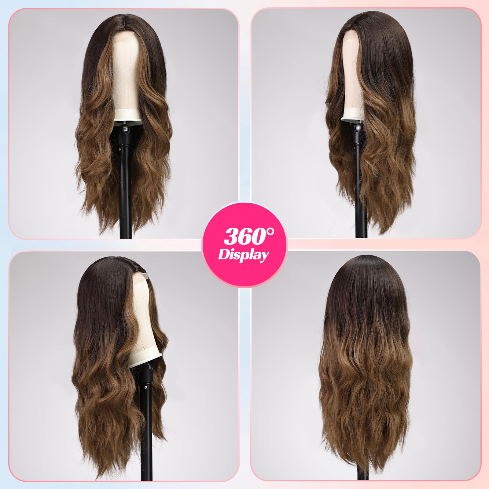 Emmor Long Ombre Brown Wavy Wig For Women Lace Front Wigs Natural Looking 26 Inch Middle Part Curly Wig Heat Resistant Synthetic