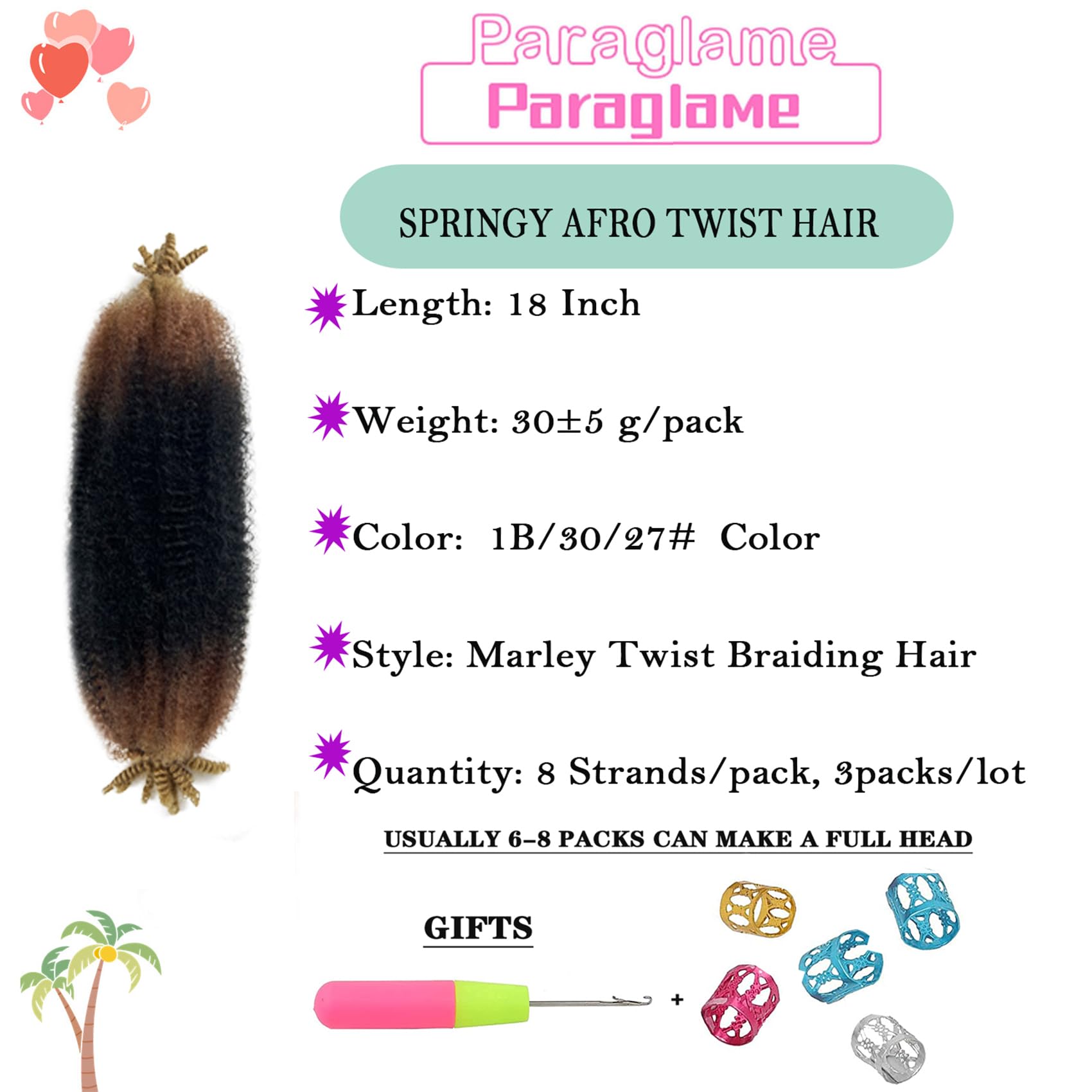 Paraglame Ombre Marley Hair 18 Inch 3 Tones Pre-Separated Springy Afro Twist Hair For Soft Locs Marley Twist Braiding Hair Ombre