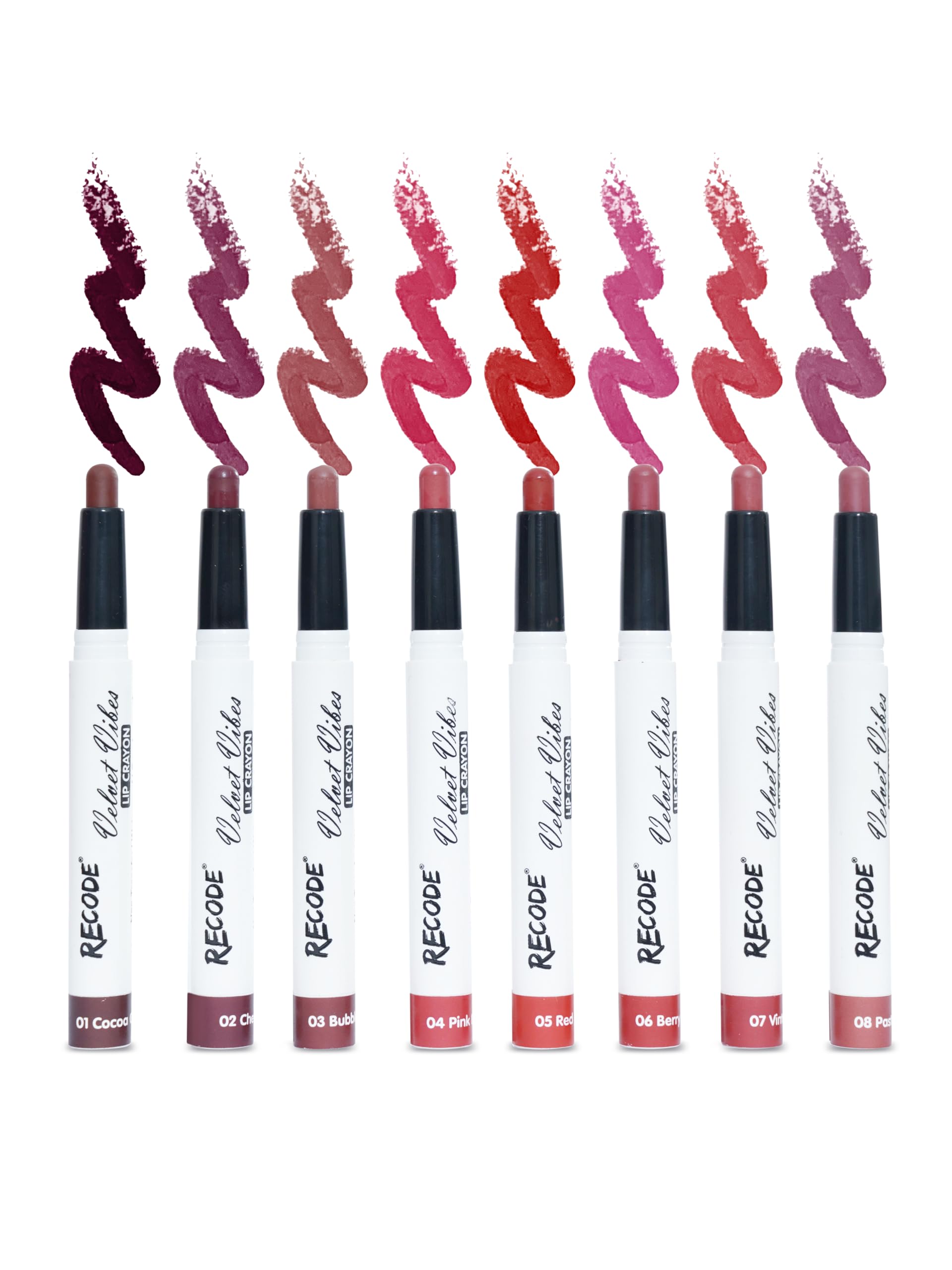 Recode Velvet Vibes Matte Lip Crayon Set Of 8 Shades | Smudgeproof & Waterproof | Lightweight LongLasting Lip Colour Collection