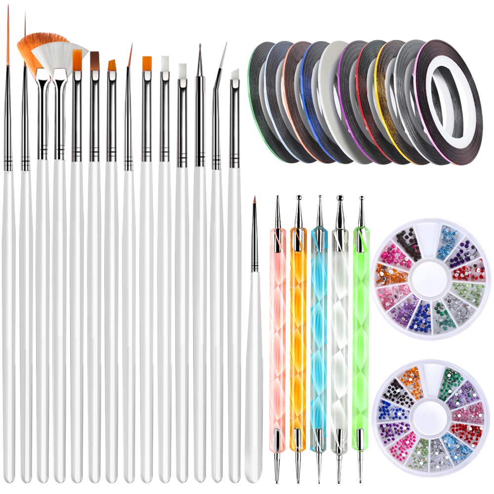Teenitor Nail Art Brushes,3D Nail Art Paiting Polish Design Kit with 15 Nail Gel Brushes, Nail Dotting Pen 5pcs, 12 Colors Nail 
