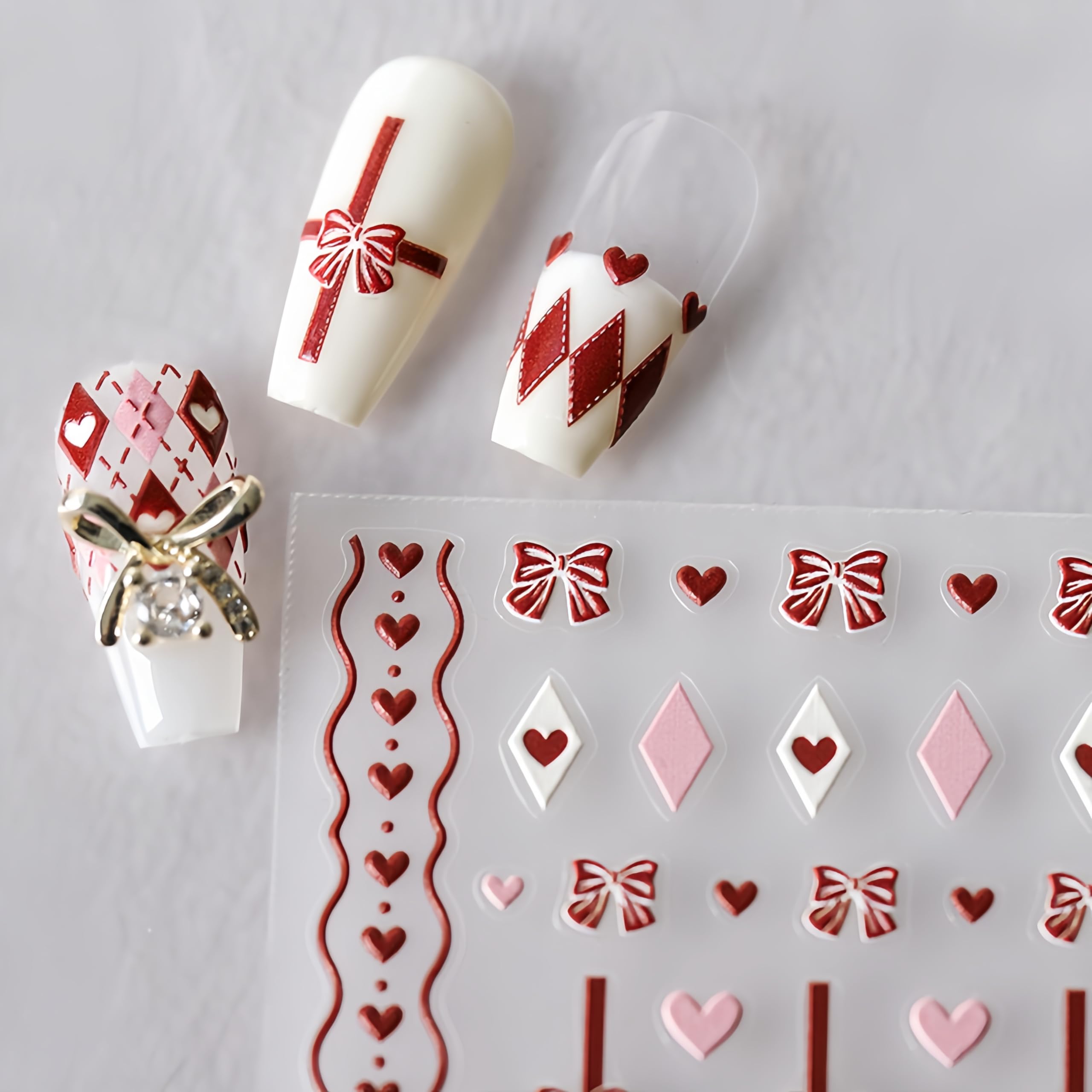 Love Heart Nail Stickers Decals Red White Heart Nail Stickers For Nail Art 5D Self Adhesive Valentine'S Day Bow Nail Decals Bow