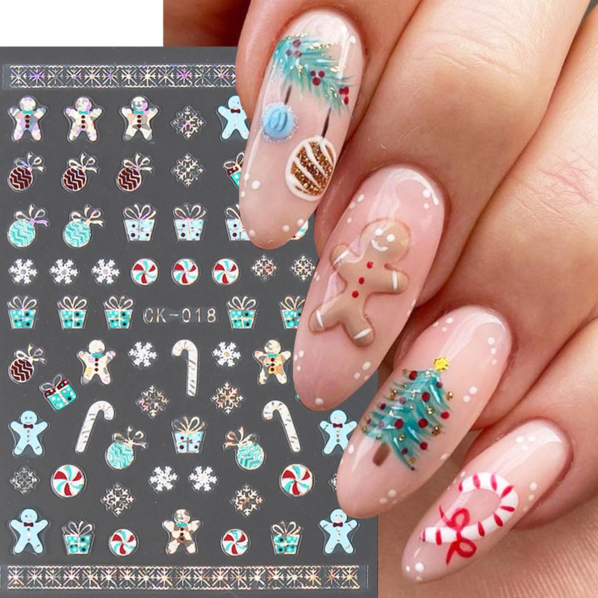 6 Sheets Christmas Nail Art Stickers Luxury Laser Christmas Nail Decals 3D Self-Adhesive Nail Supplies Xmas Tree Snowman Santa S