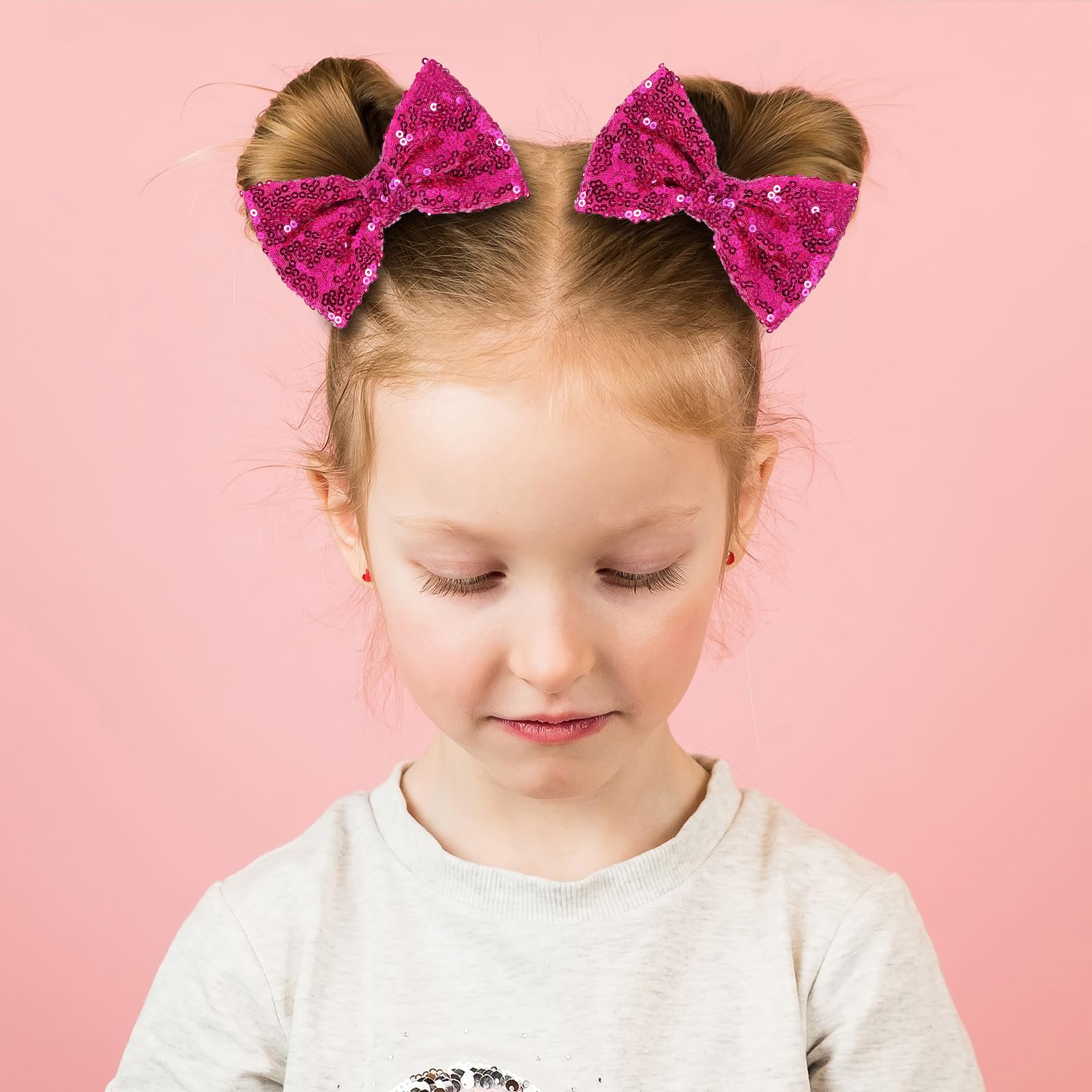 4'' Hot Pink Sparkly Glitter Sequin Hair Bows Clips For Toddler Girls Valentines Christmas Birthday Gift Party Dress Outfit Deco