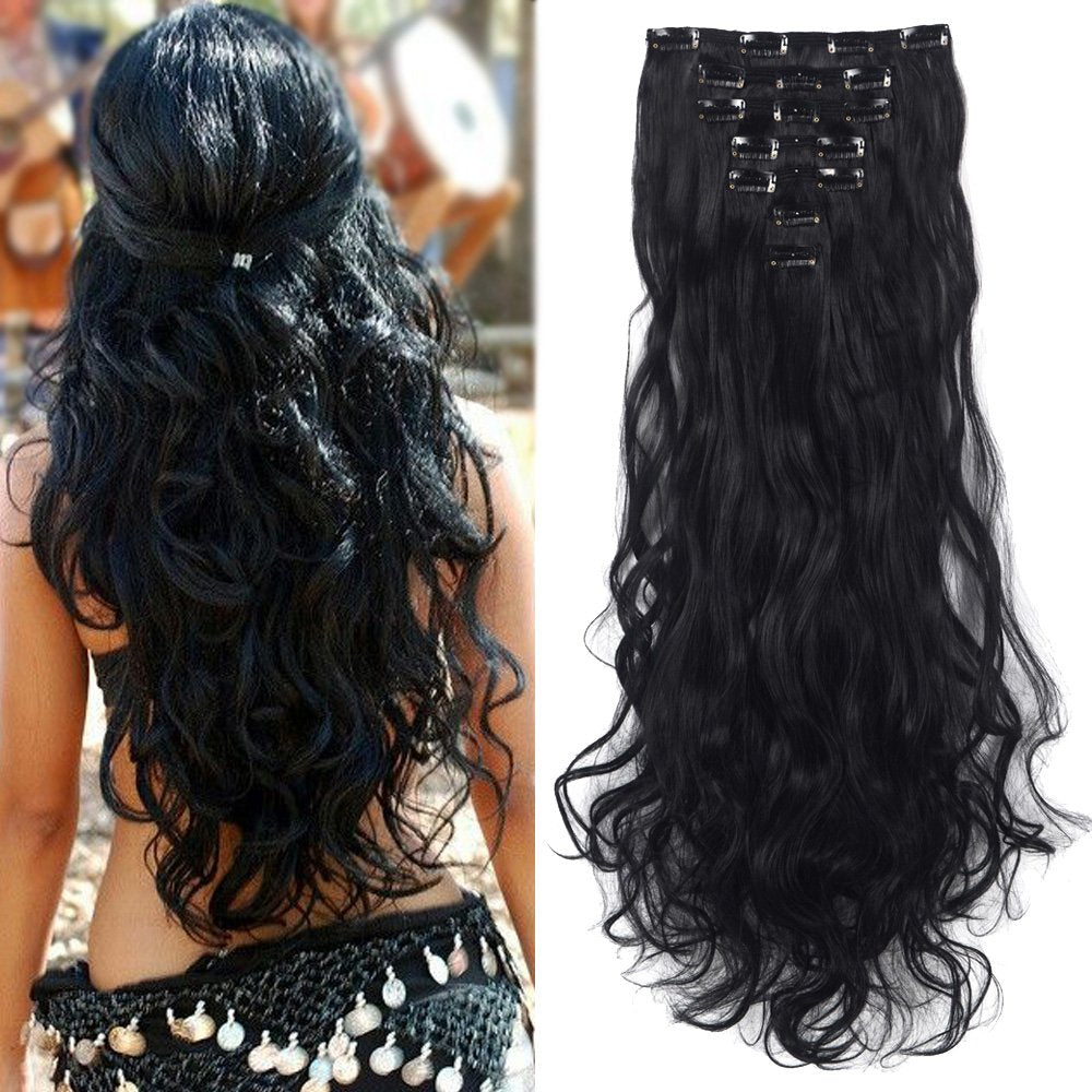 LELINTA 7Pcs 16 Clips 24 Inch Wavy Curly Full Head Clip in on Double Weft Hair Extensions Natural Black