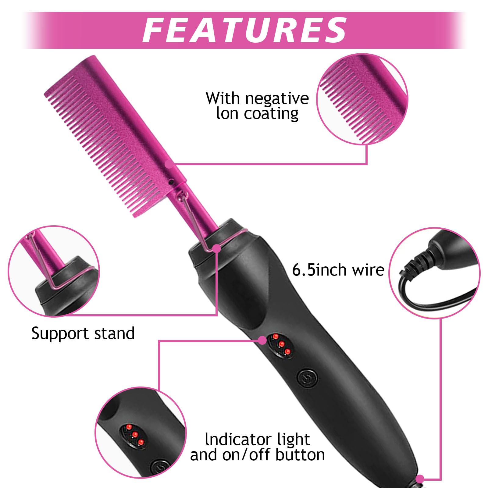 Hot Comb Hair Straightener for Natural Black Hair and Lace Front Wigs - Electric Heat Pressing Comb Set With Lace Melting Spray