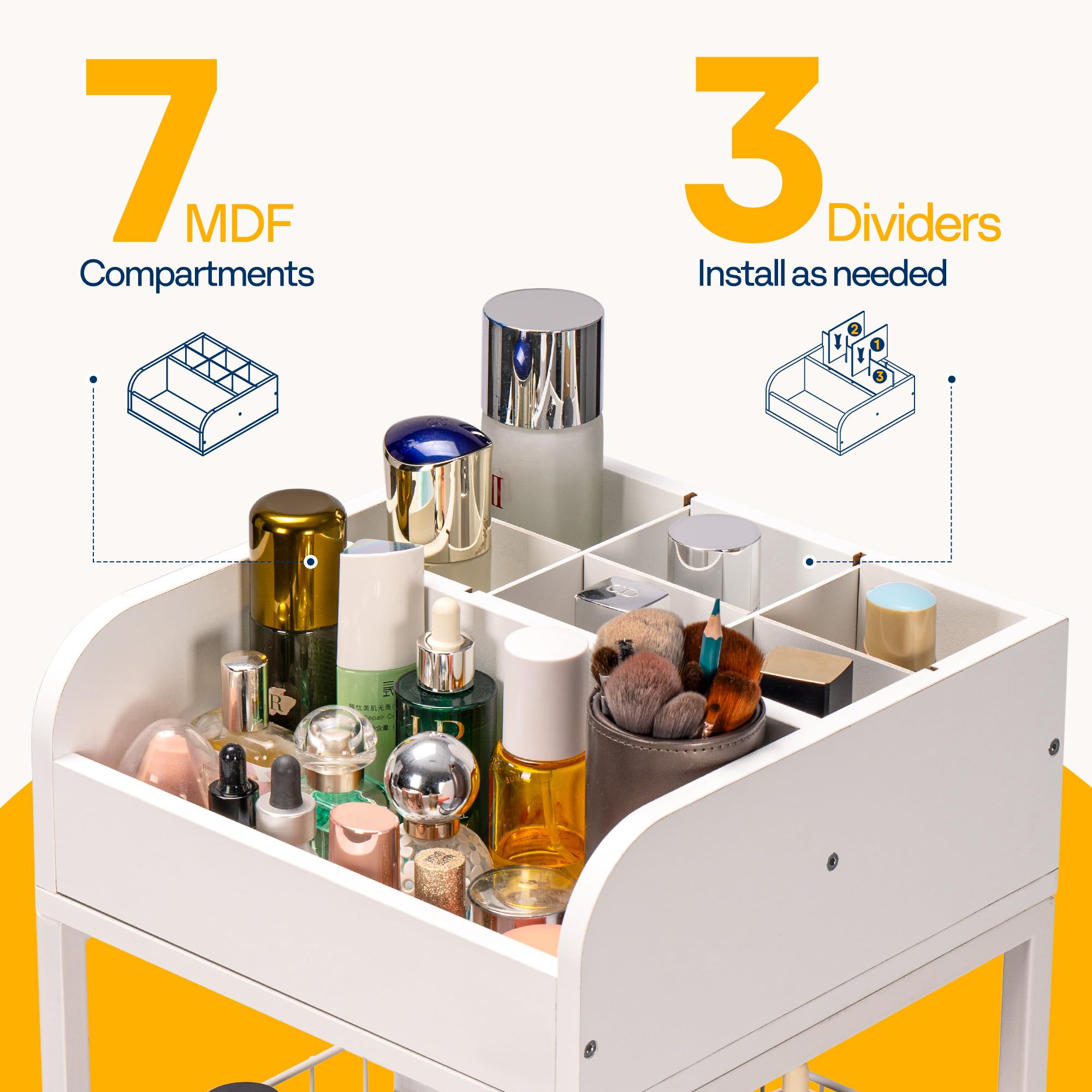 Vivohome Makeup Organizer With Drawers, Cosmetics Display Cases, 2 Shelves Floor Skincare Organizer Cart, Vanity Organizer Holde