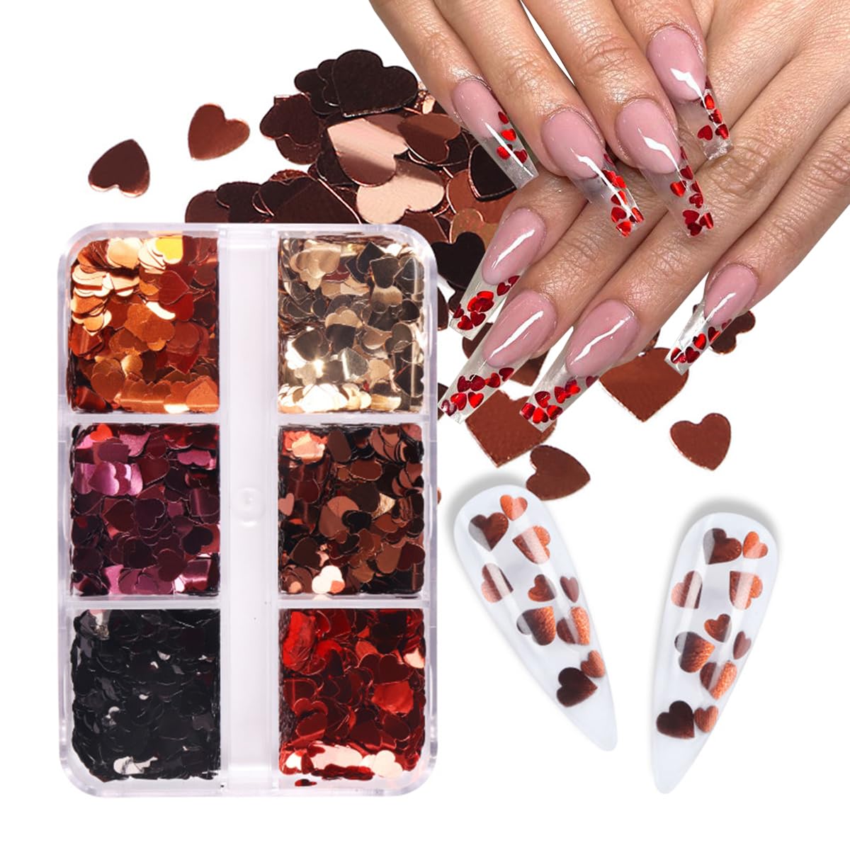 Heart Nail Glitter Sequins 3D Holographic Metallic Nail Flakes Gold Red Black Love Heart Nail Sequins Decals Valentine's Day Nai
