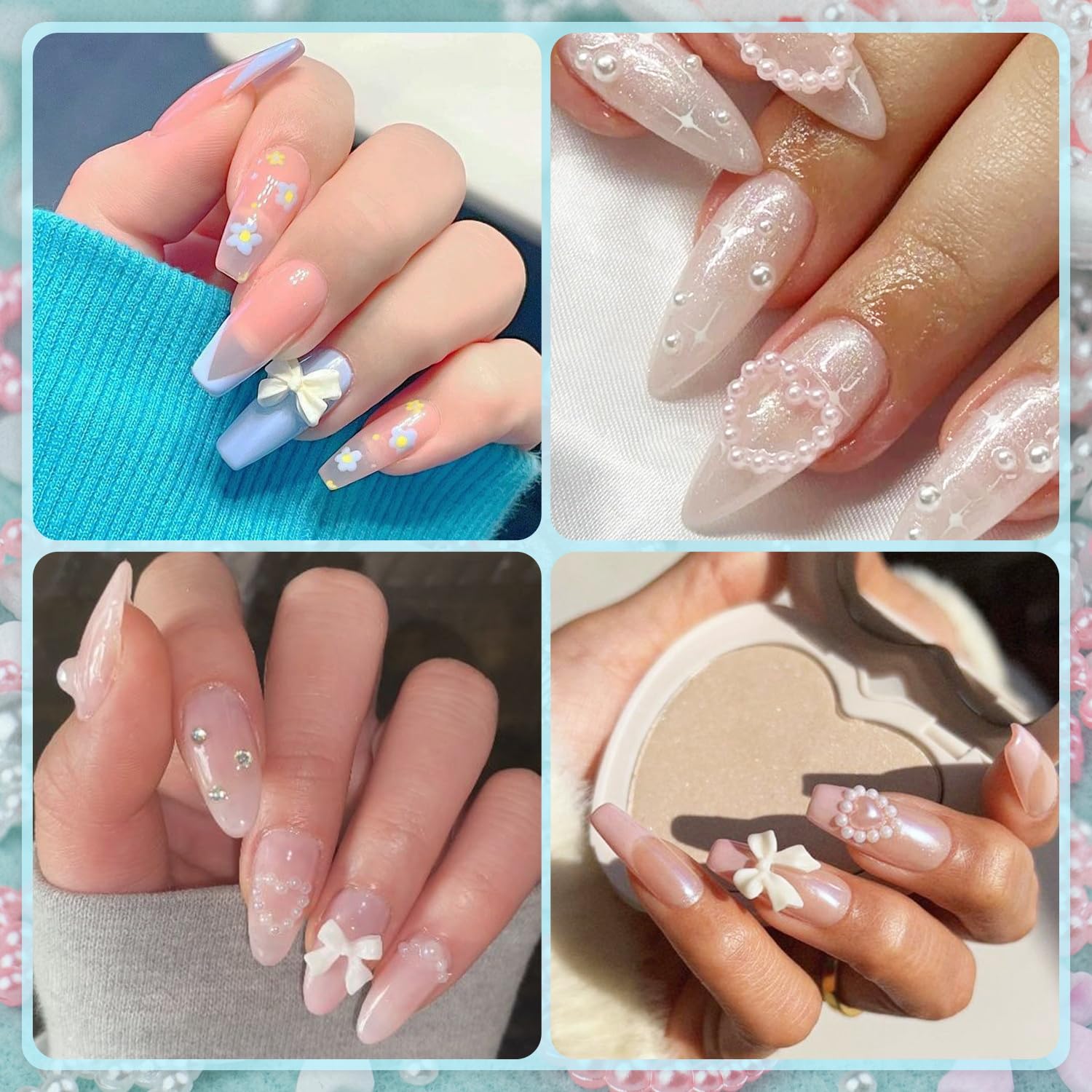 1200Pcs 3D Multi Shapes Nail Charms and Flatback Pearls, White&Pink Mix Styles Heart Star Bow Sunflower Embellishments for Nail