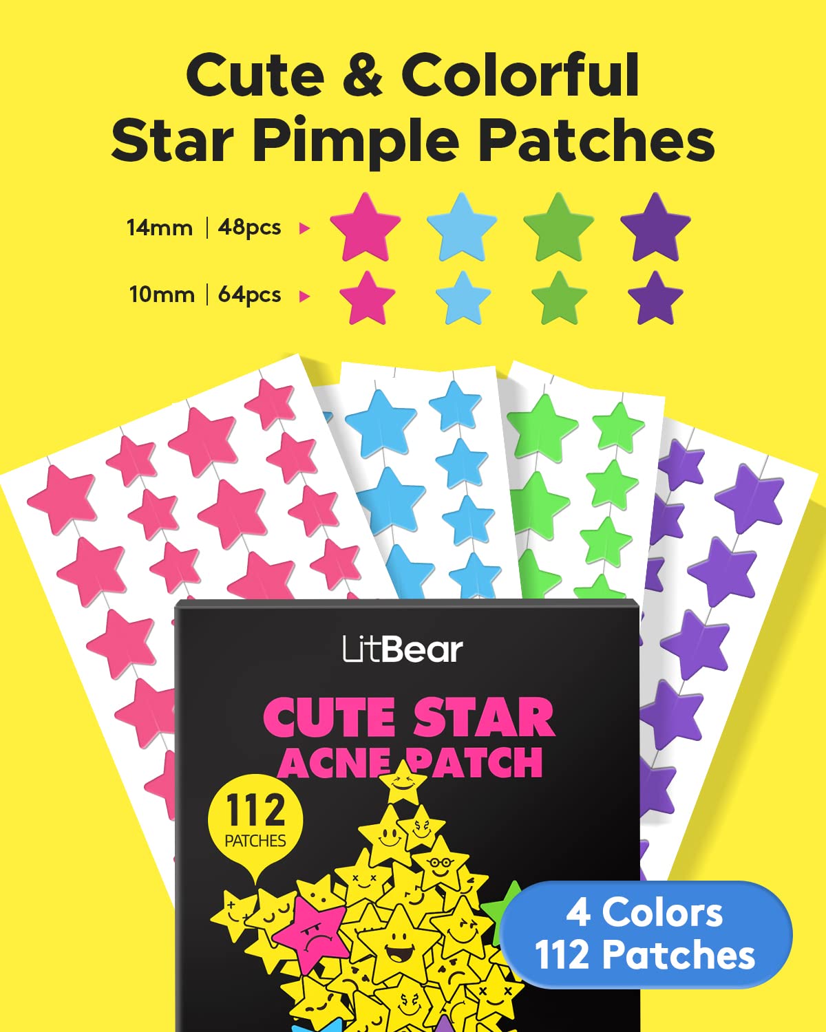 LitBear Acne Patch Pimple Patch, Colorful Star Hydrocolloid Acne Patches For Face, Cute Zit Patch Acne Sticker Spot Pimple Patch