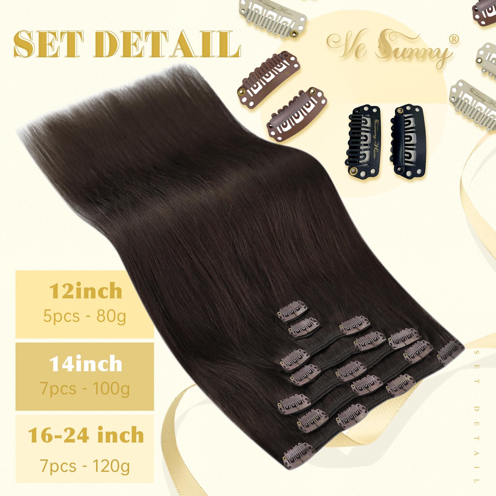 Ve Sunny 22Inch Brown Clip In Hair Extensions Human Hair Clip In Extensions Chocolate Brown Clip In Human Hair Extensions Long H