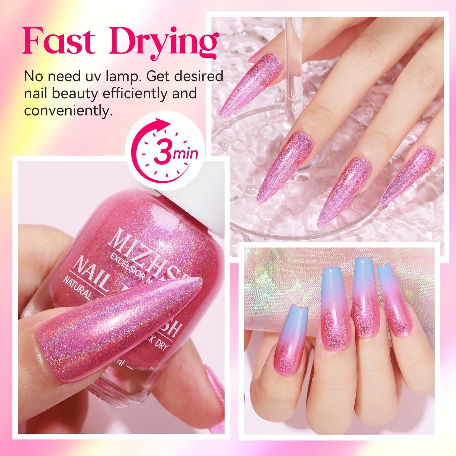 Mizhse Holographic Nail Polish, Pink Glitter Nail Polish Air Dry Fast, 15 Ml High Glossy Shimmer Nail Pigment Oil-Based Laser Ir