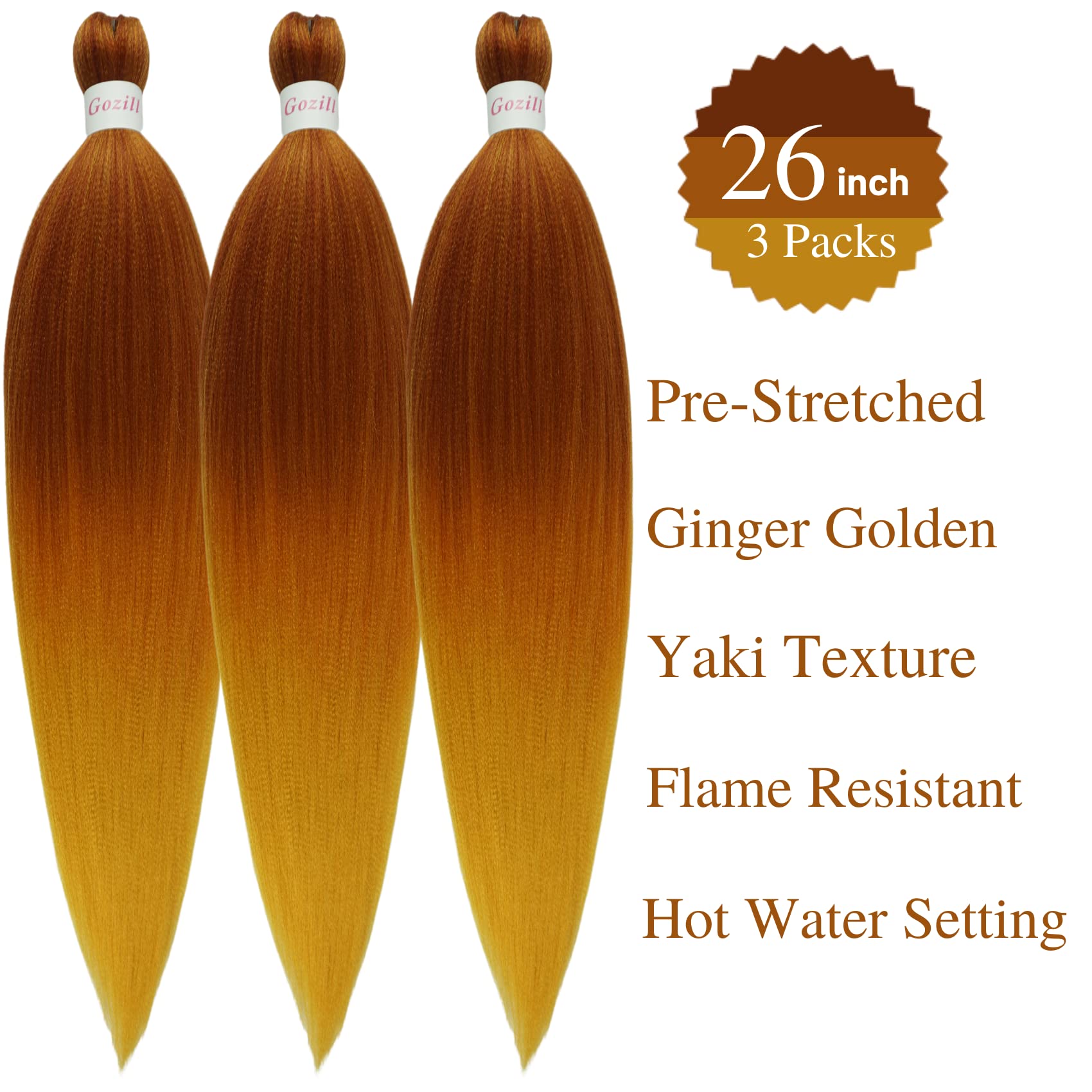 Gozill Ginger Golden Ombre Braiding Hair Pre Stretched Kanekalon Human Braiding Hair Box Braids Hair Extensions 26 Inch