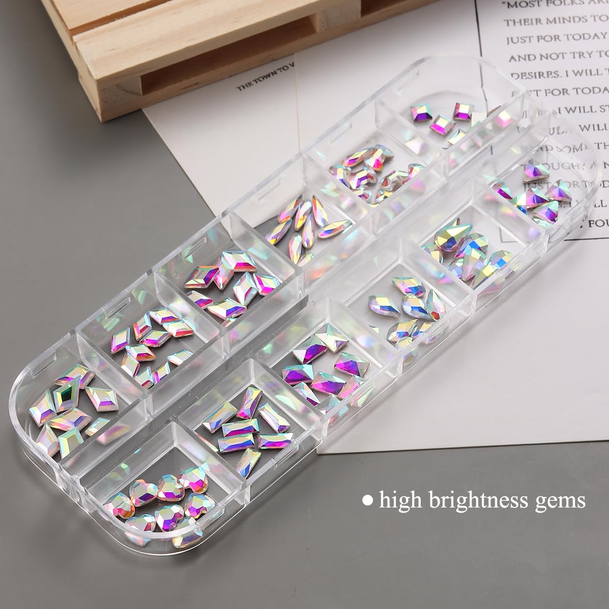 Ab Glass Nail Art Rhinestones Kit With Micro Pixie Crystals, Multi Shapes 3D Flatback Nail Gems, Bling French Tips Nail Art, Spa