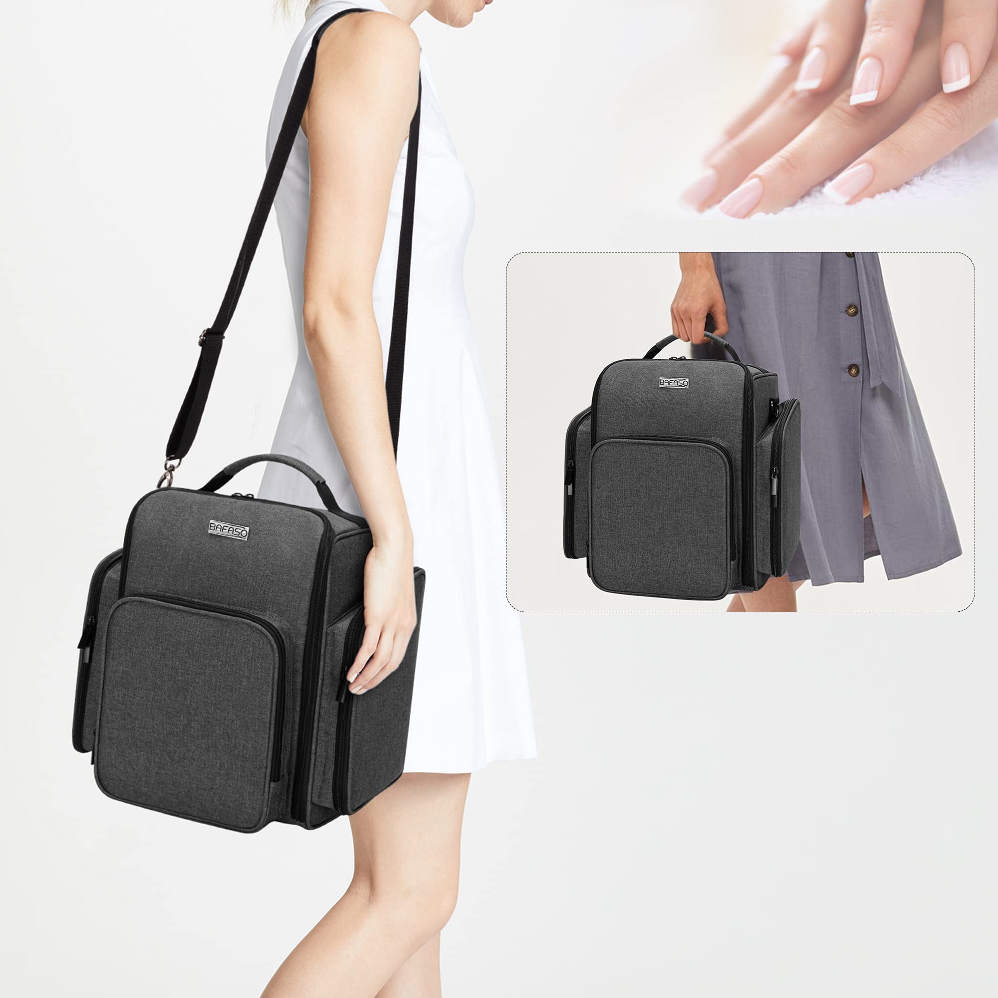 BAFASO Nail Polish Organizer Holds 72 Bottles (15ml - 0.5 fl.oz), Large Nail Polish Case with 3 Removable Pouches and Multiple S