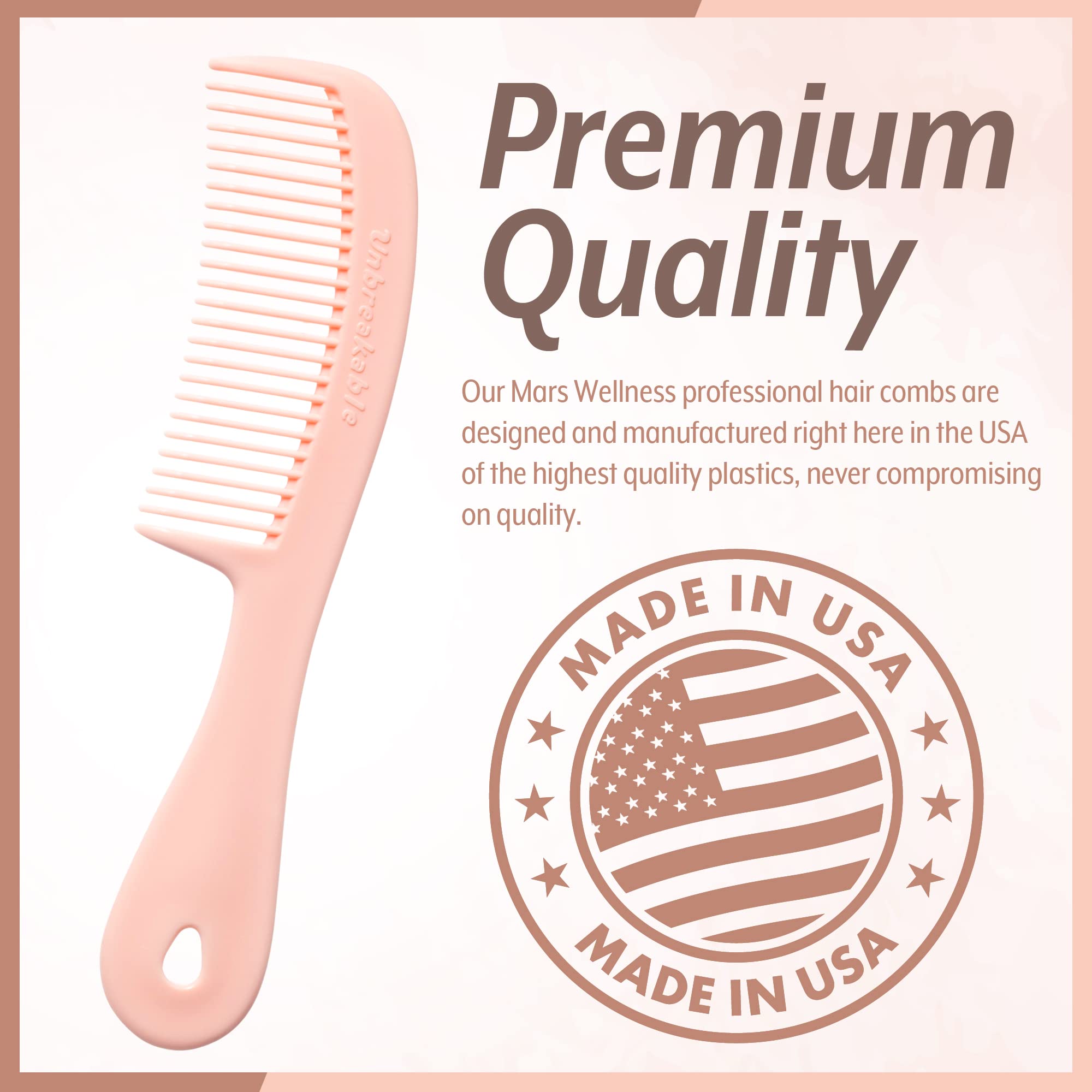Mars Wellness 4 Piece Professional Comb Set Peach Pastel - USA MADE - Fine Pro Tail Combs, Dresser Hair Comb Styling Comb - Prem