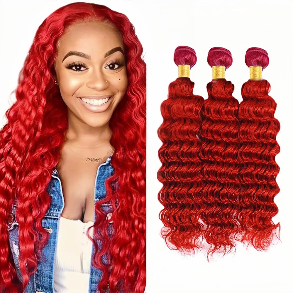 Red Bundles Deep Wave Bundles Human Hair 28 30 32 Inch Unprocessed Brazilian Virgin Hair Weave 3 Bundle 50 Grams Per Bundle Red 