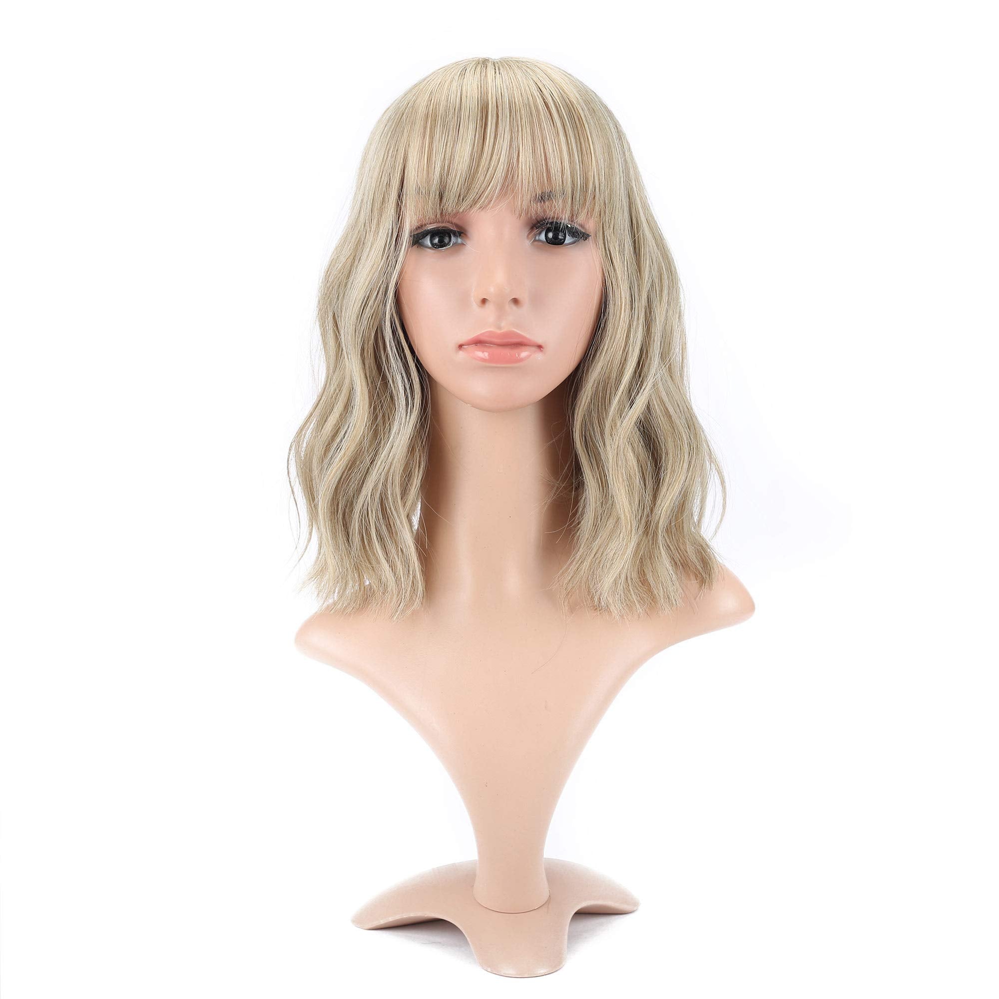 Vckovcko Natural Blonde Wigs With Air Bangs For Women Women'S Shoulder Length Wigs Curly Wavy Synthetic Blonde Wig With Bang Wig