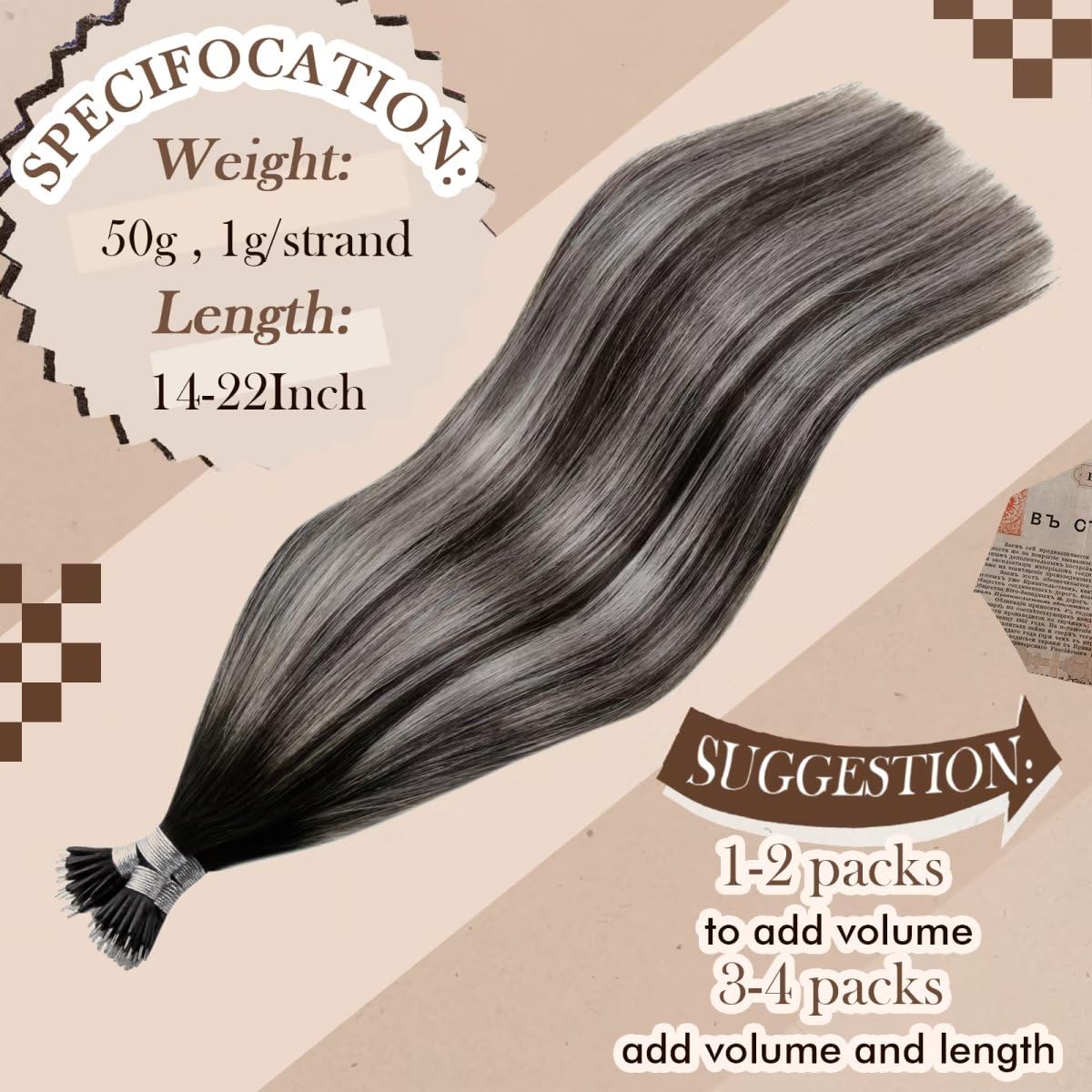 Hetto Balayage Nano Beads Hair Extensions Human Hair Natural Black To Silver Gray With Black Nano Tip Human Hair Extensions Stra
