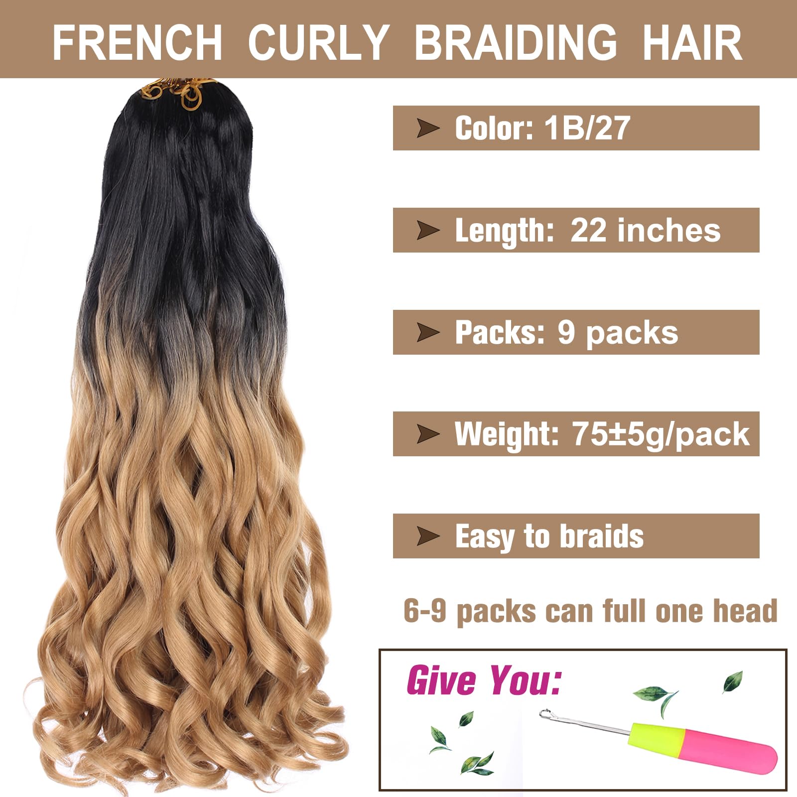 Cookoo 9 Packs Ombre Blonde French Curly Braiding Hair 22 Inch Loose Wavy Spanish Curly Braids Hair With Curly Ends Bouncy Braid