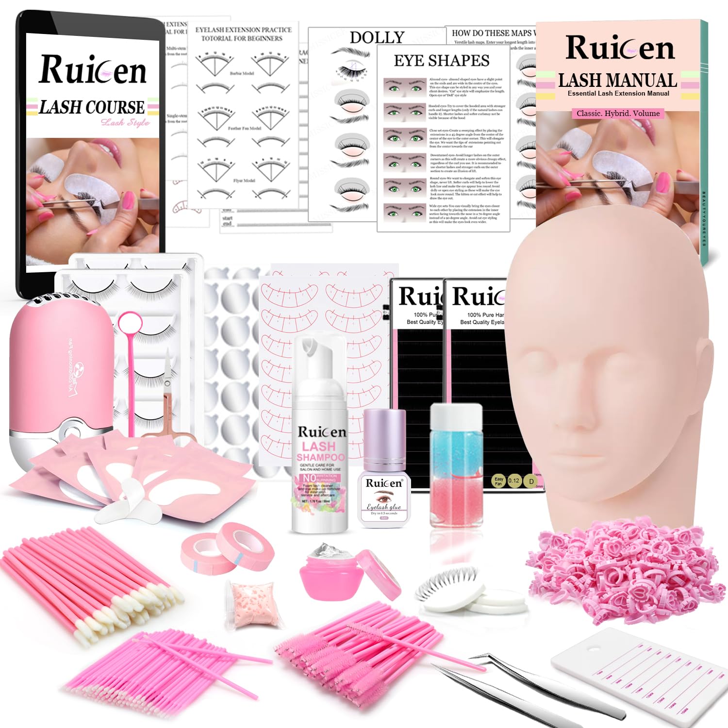 Lash Extension Kit for Beginners, Ruicen Lash Kit for Beginners with Video Tutorials and Lash Manual, Mannequin Head, Practice L