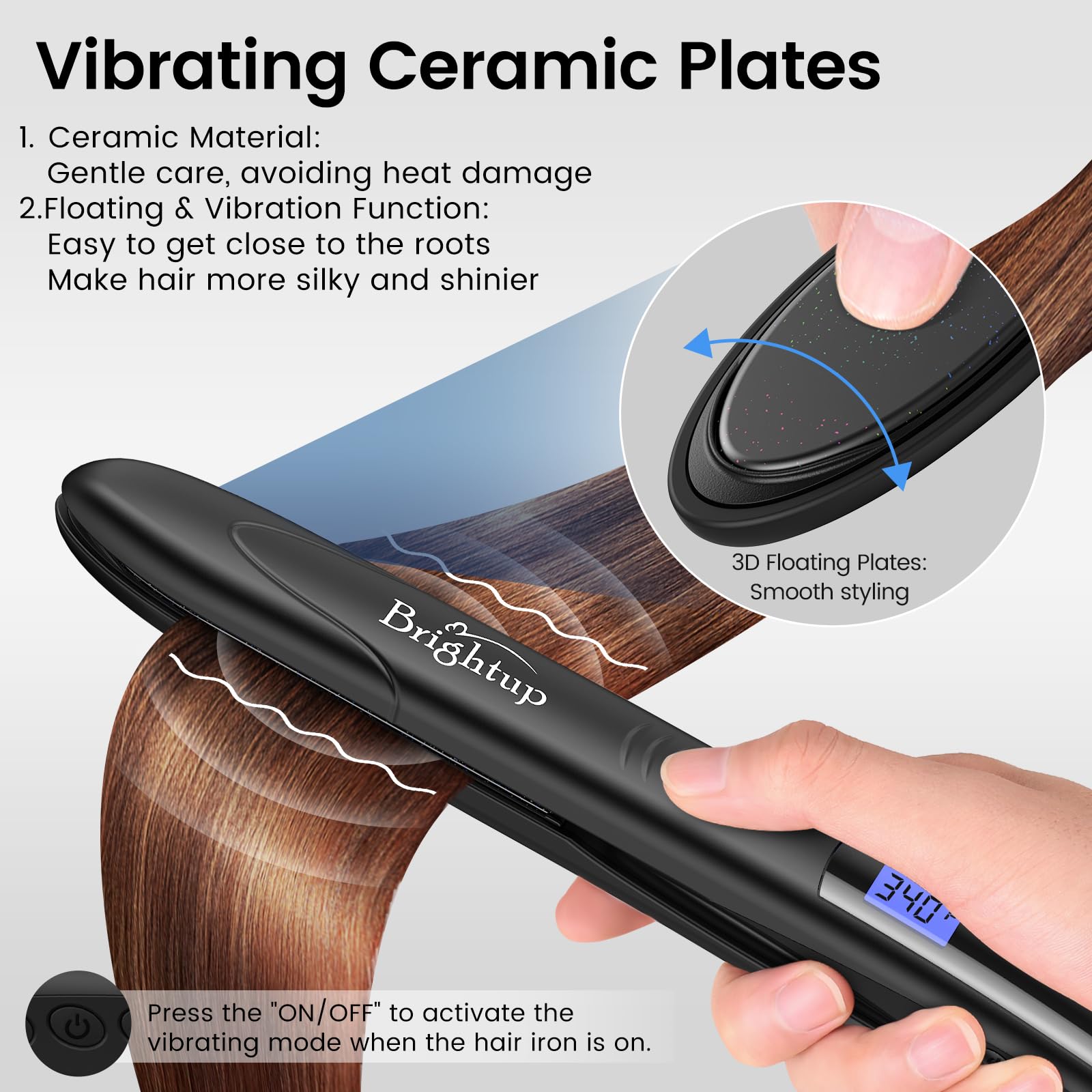 Brightup Vibrating Hair Straightener And Curler 2 In 1, Mch Rapid 20S Heat Up, Ceramic Flat Iron With 10 Temp Control/Auto Shut