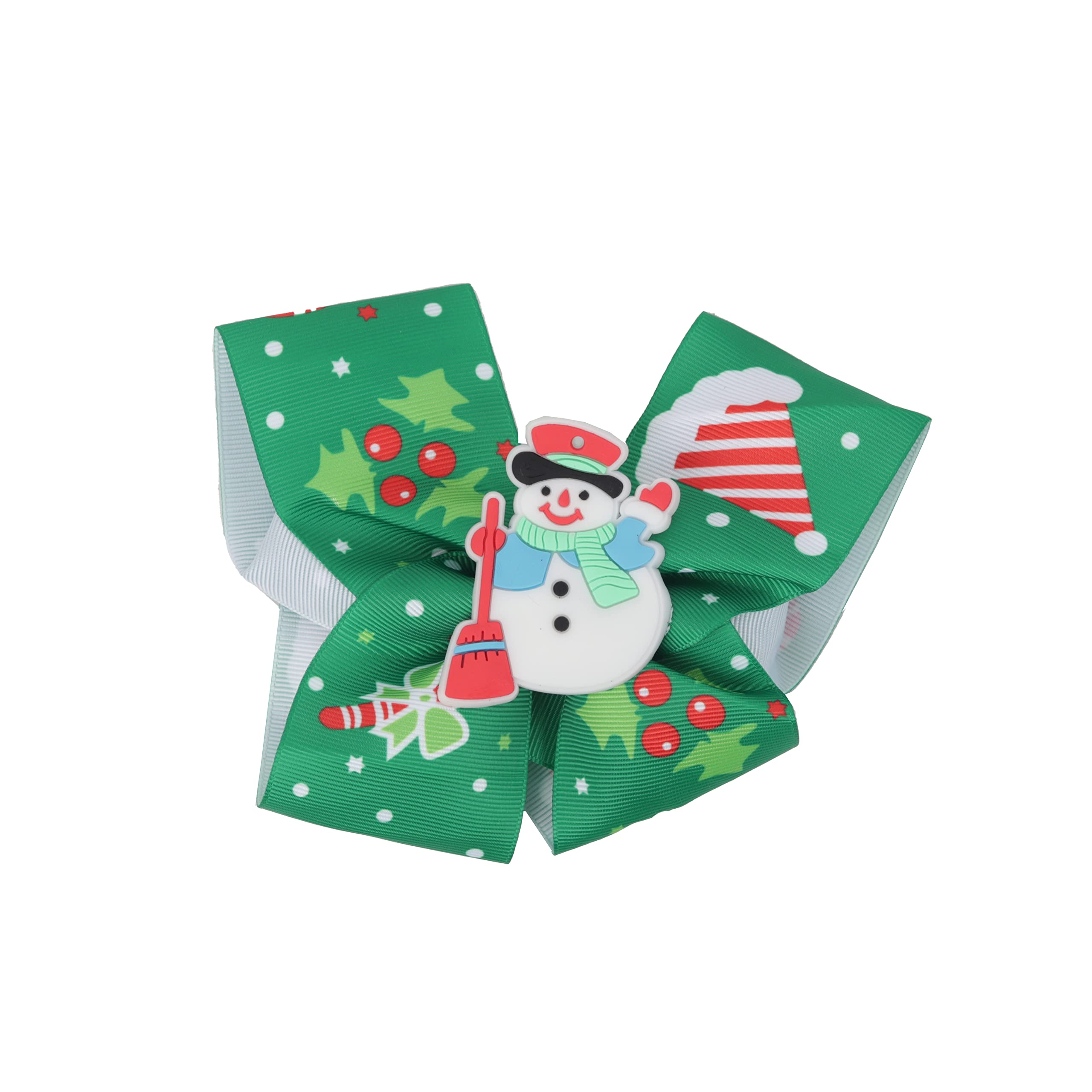 Girls 6 inch Wide Hair Bow Printed Christmas Bow with Silicone Charm - Green Snowman