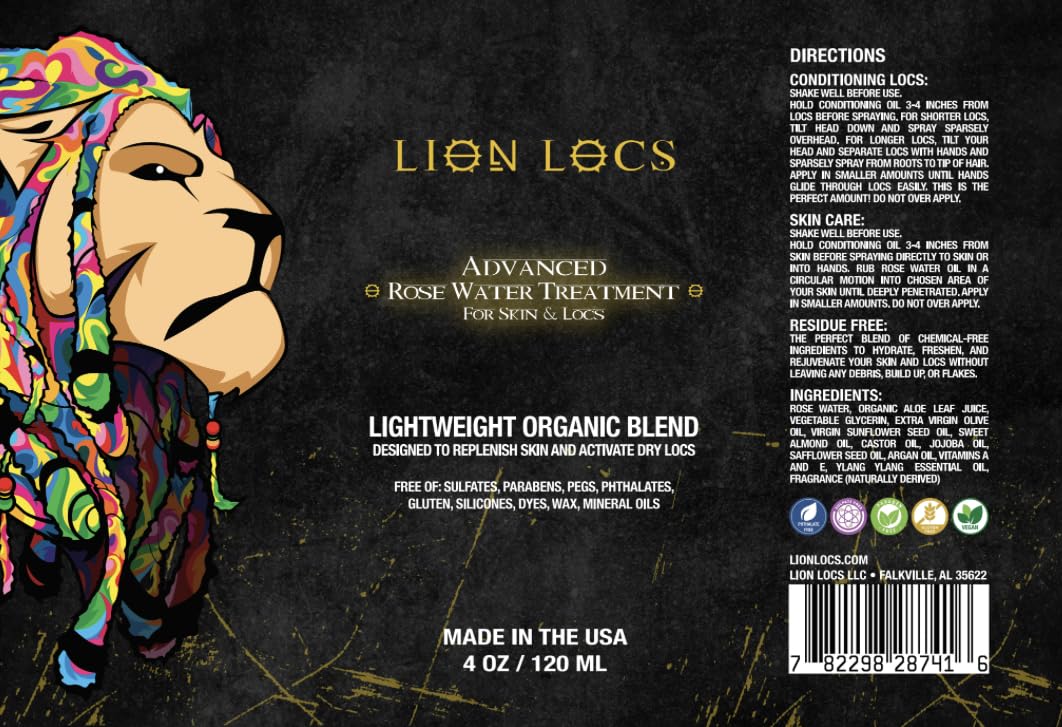 Lion Locs Rosewater Spray For Dreads And Locs - Organic Vegan Conditioner With Aloe, Oils, Vitamins, And Glycerin