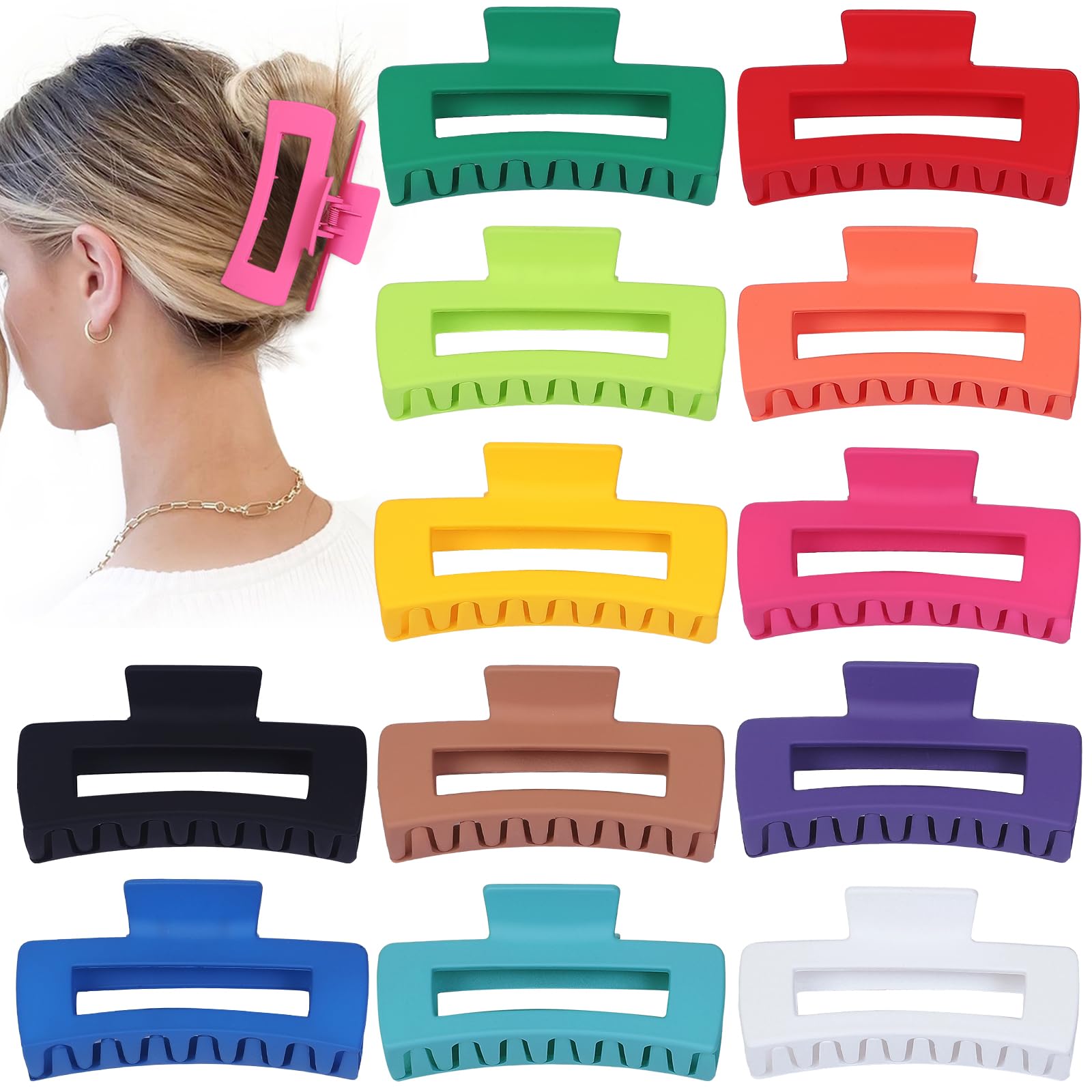 Sisiaipu 4.1 Inch Jumbo Claw Clips for Thick Hair - 12 Pcs Square Hair Accessories for Women and Girls - Dopamine
