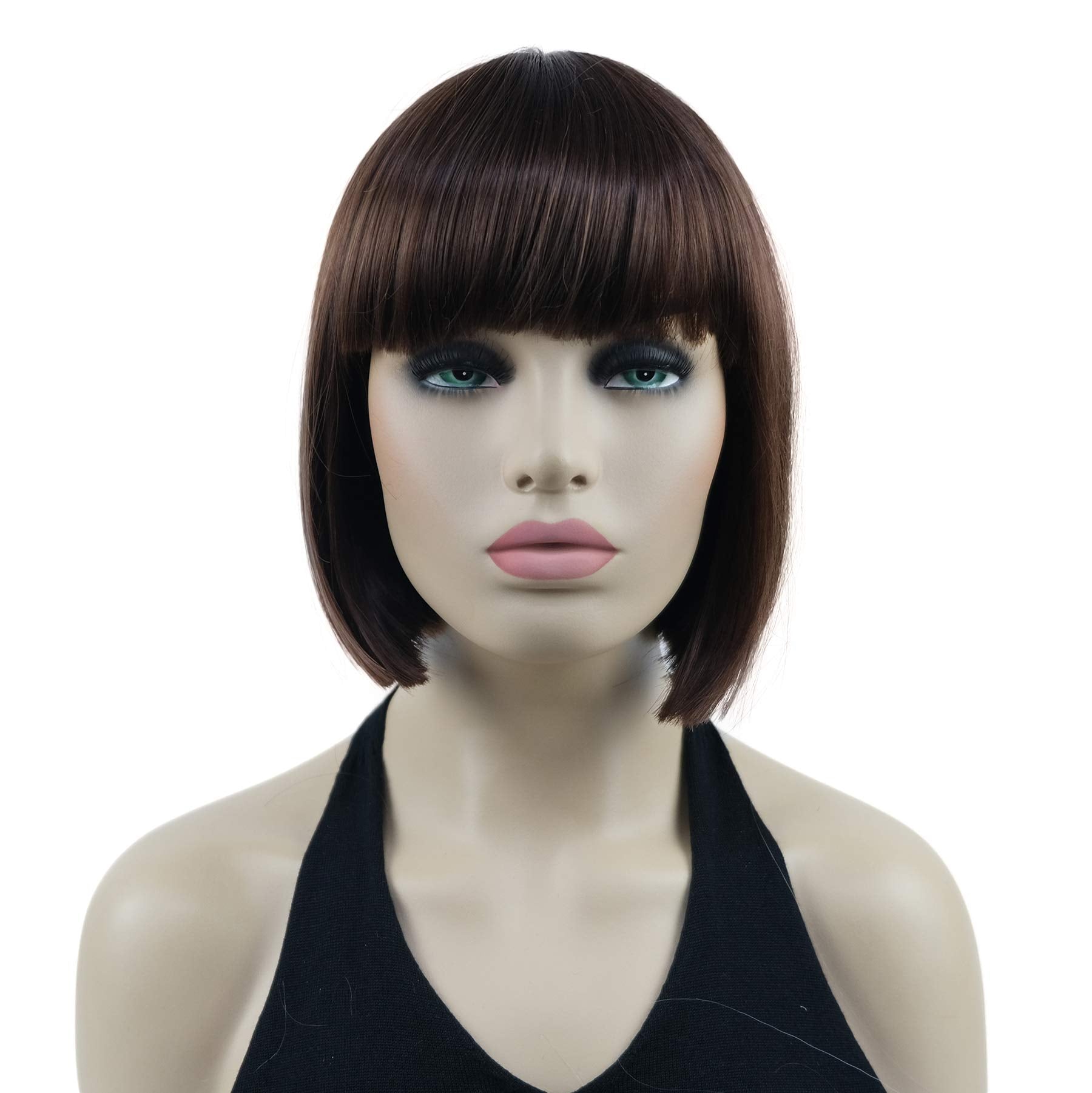 Lydell 8'' Straight Short Bob Hair Flat Bangs Cute Central Dot Skin Top Heat Resistant Synthetic Wigs (31 Medium Auburn)