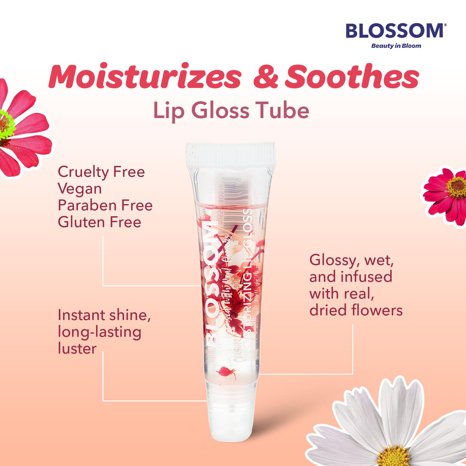 Blossom Scented Roll On Lip Gloss, Moisturizing Lip Gloss Tubes, Hydrating & Strengthening Scented Cuticle Oil With Real Flowers