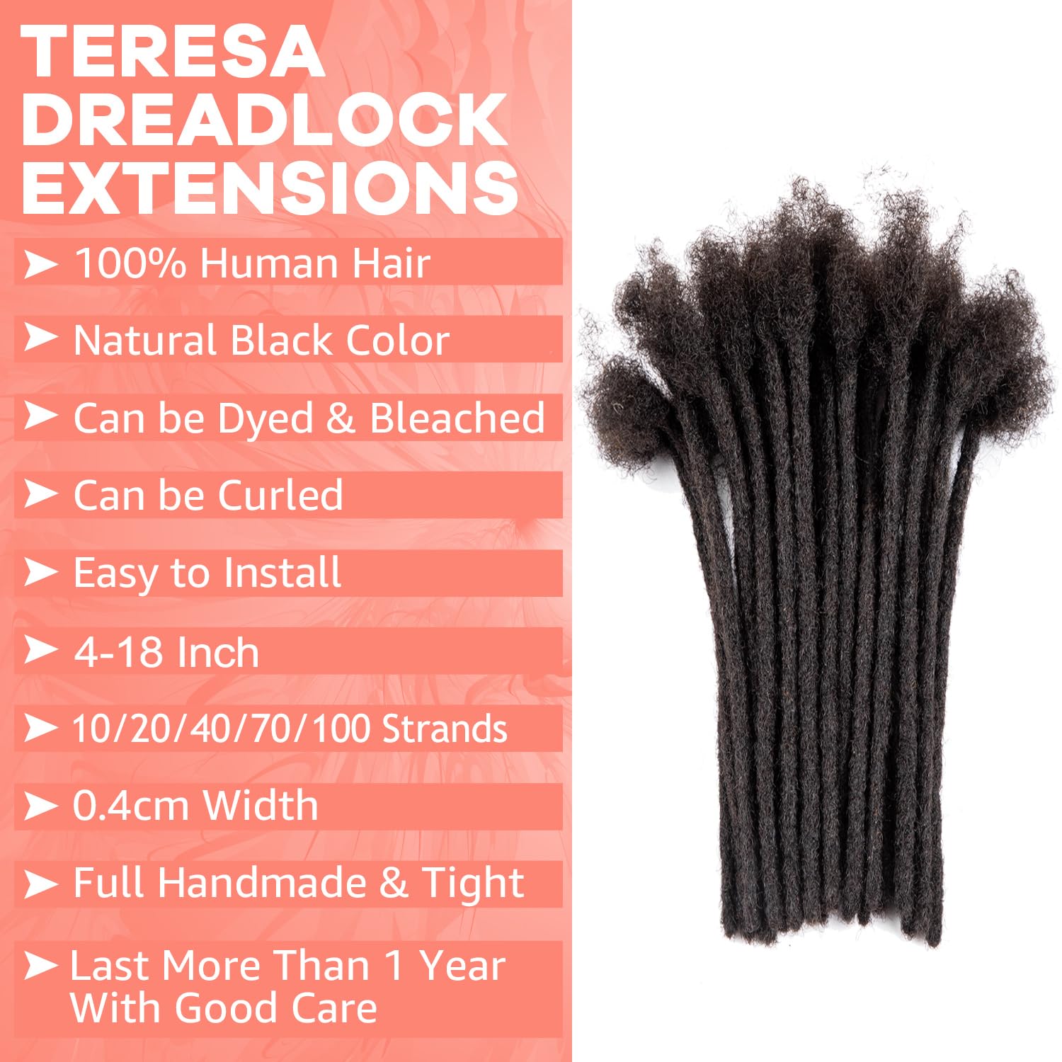 Teresa 4 Inch 0.4Cm Width Loc Extension Human Hair Natural Black 20 Strands Full Hand-Made Permanent Locs Extensions Can Be Dyed