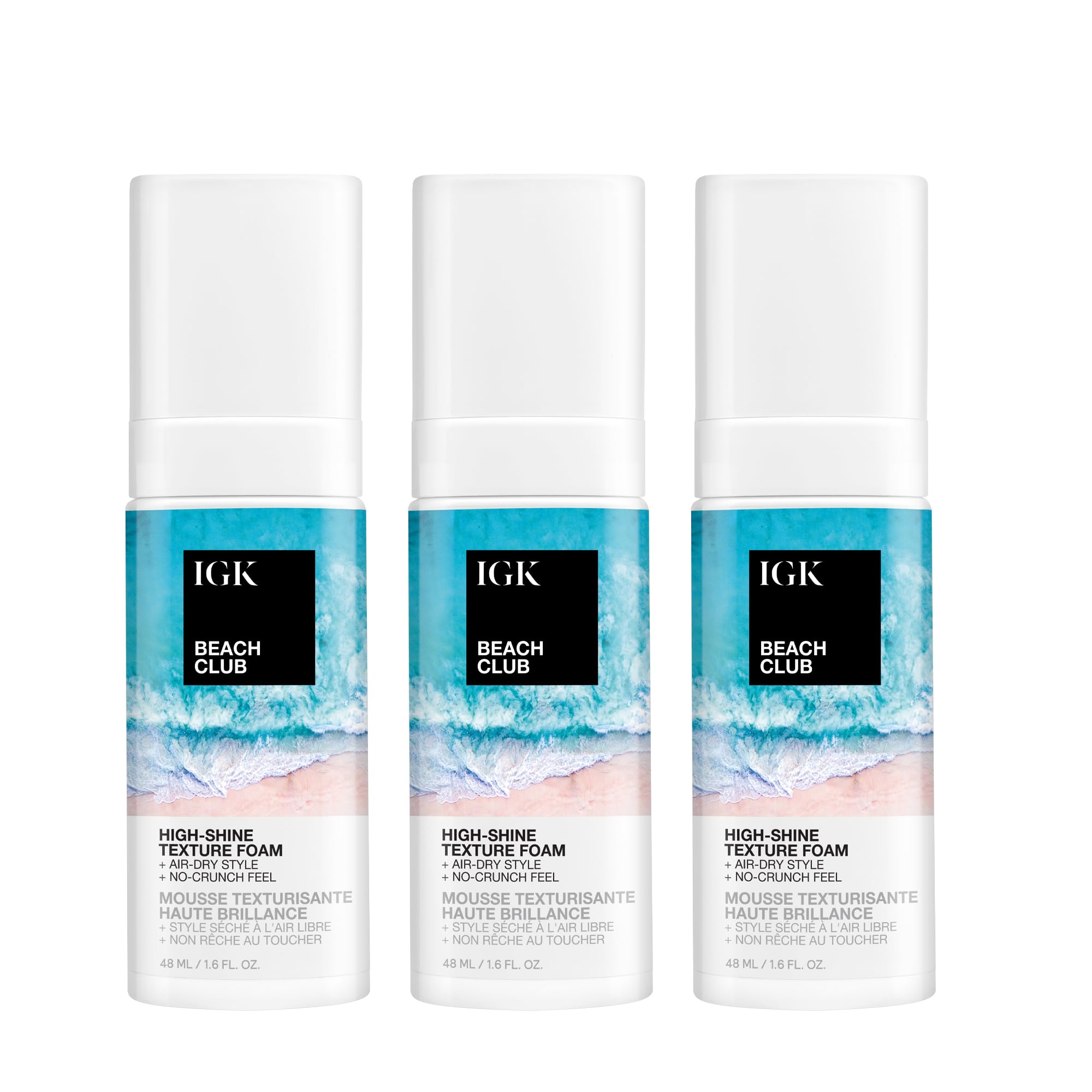 IGK Beach Club HighShine Texture Foam Travel size 3 pack  SaltFree AirDry Foam for Beach Waves, Frizz Control, and UV Protec