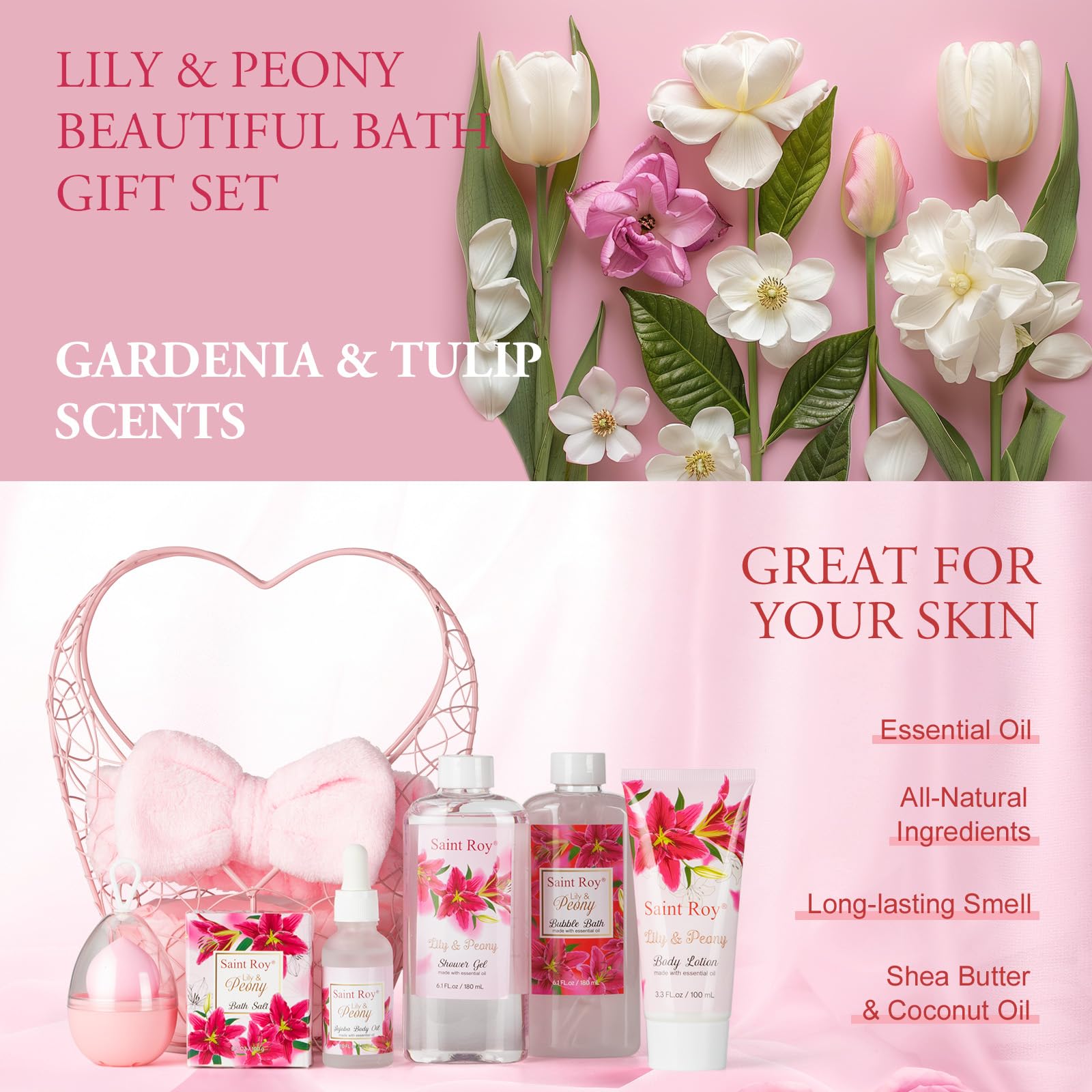Gift Basket For Women, 8Pcs Spa Set Of Lily & Peony Home Spa Set, Beauty Personal Care Set Includes Jojoba Essential Oil, Spa Se