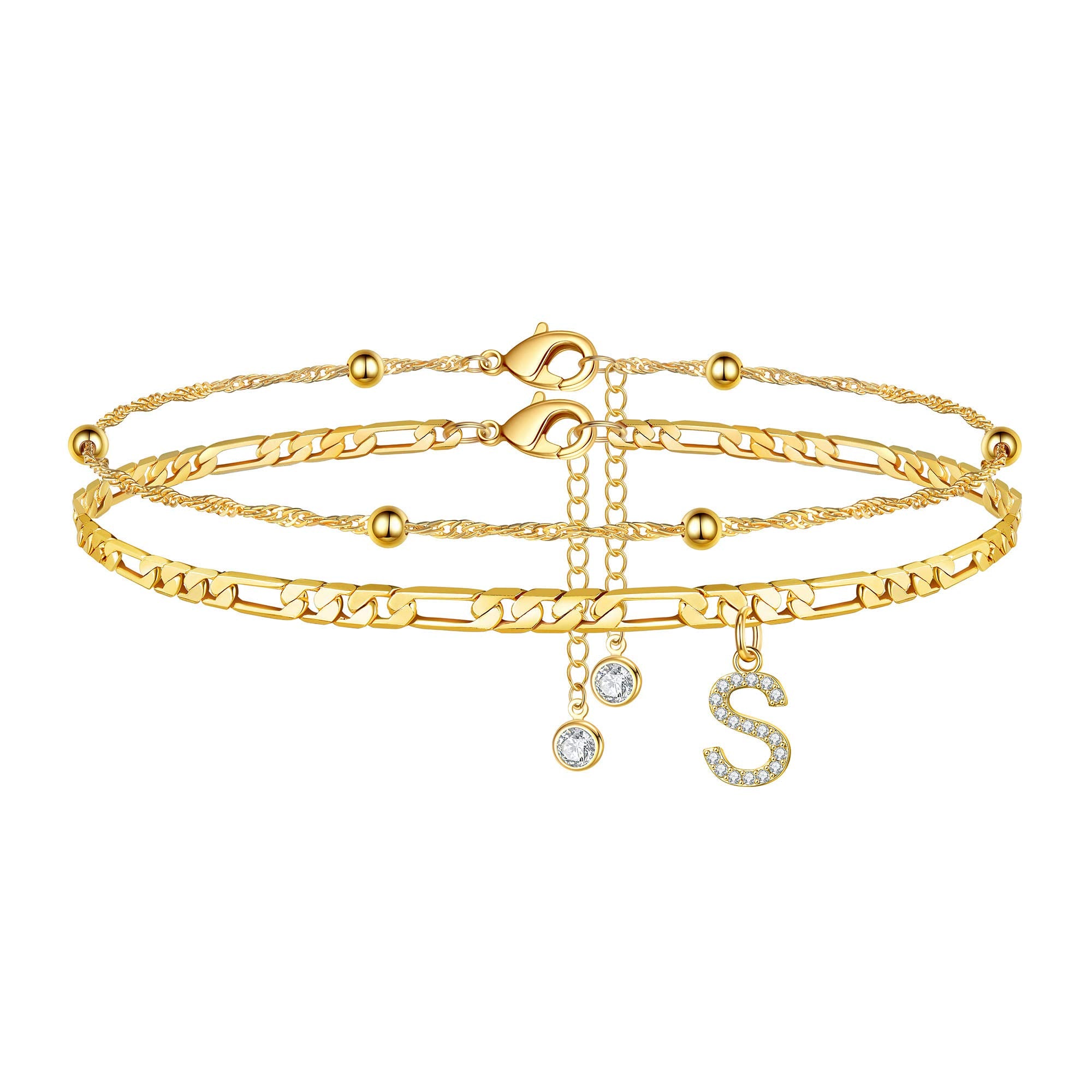 Ursteel Ankle Bracelets for Women, S Initial Anklet 14K Gold Plated Dainty Adjustable Layered Initial Anklets Set Beaded Chain F