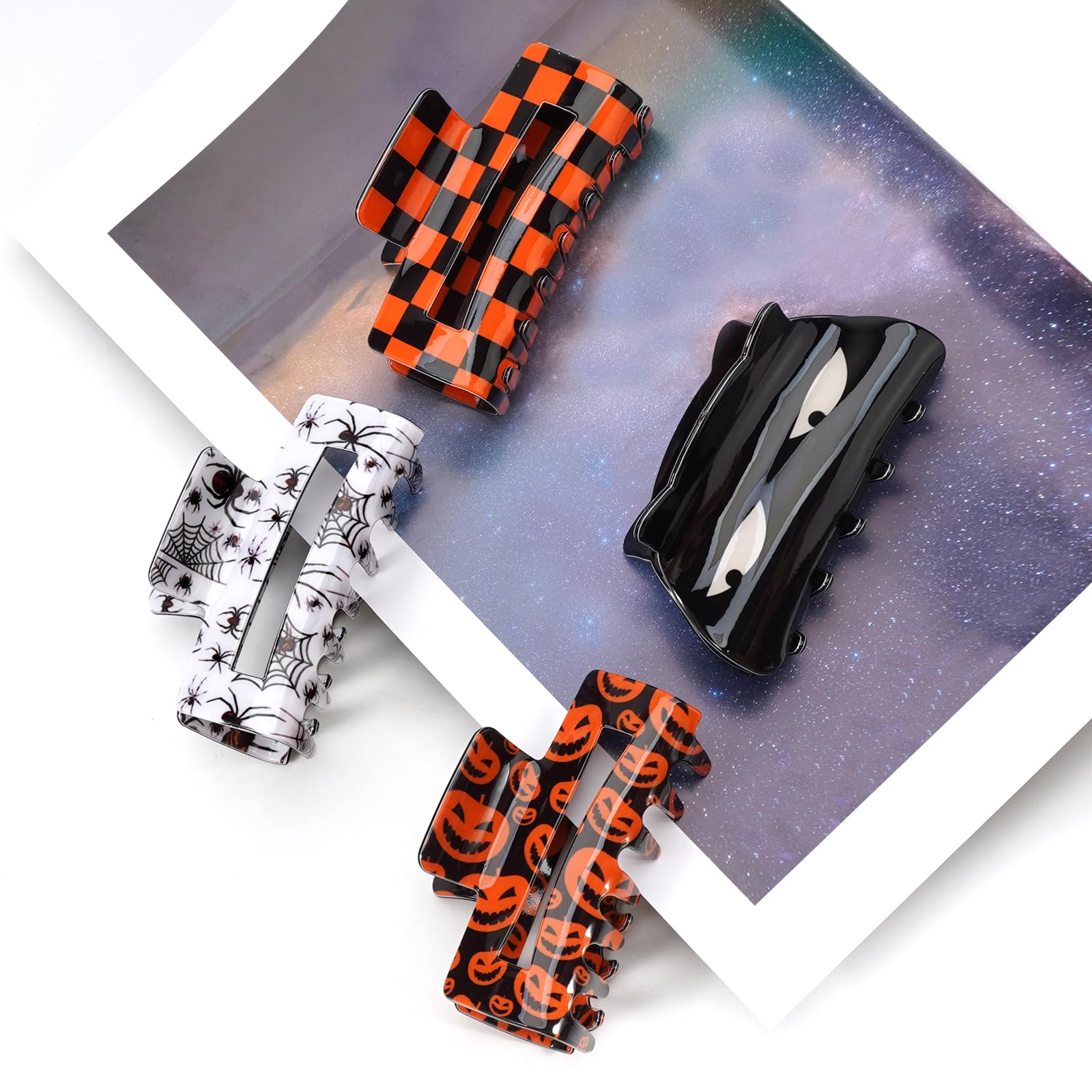 Halloween Hair Clips for Women Girls Pumpkin Spider Web Cat Hair Claw Clips Cute Fall Orange Lattice Hair Banana Barrettes Hair