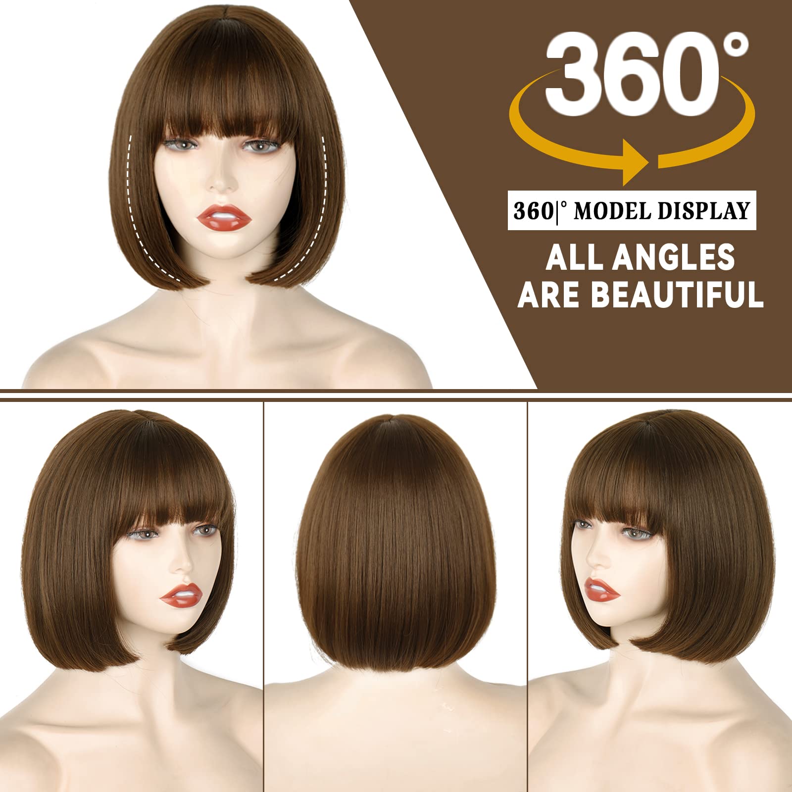 Werd Short Brown Bob Wig With Bangs,Brown Straight Bob Wig For Women,Brown Bob Wig Heat Resistant Fiber For Cospaly Velma