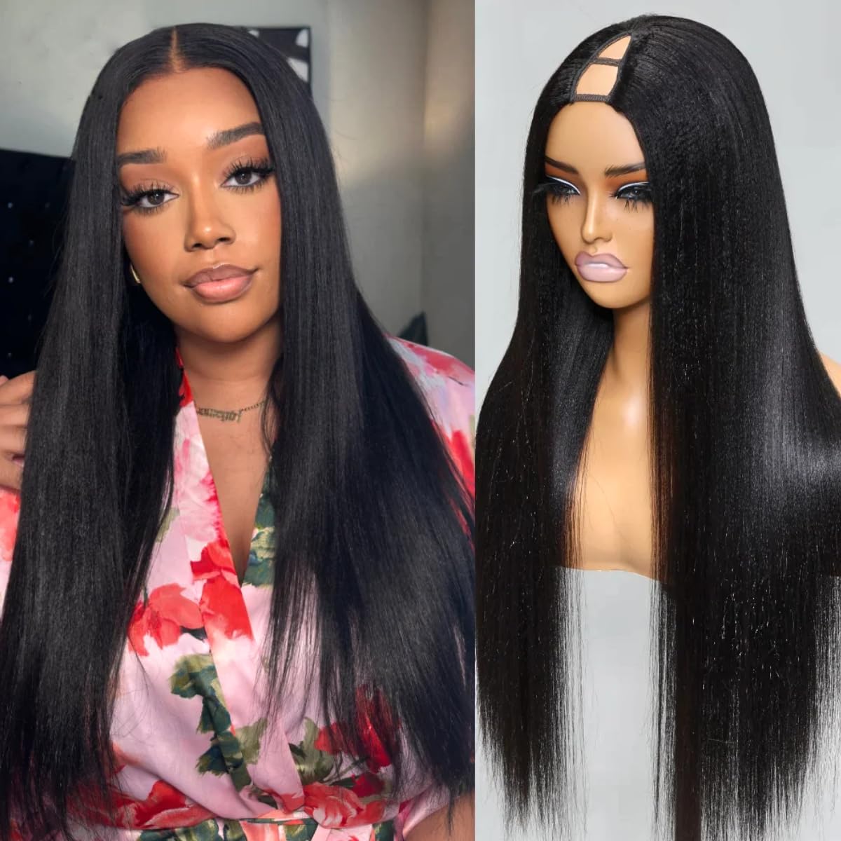 UNICE Kinky Straight V Part Wig - 20 Inch Human Hair, No Glue, Beginner Friendly, V-Part Black Wig