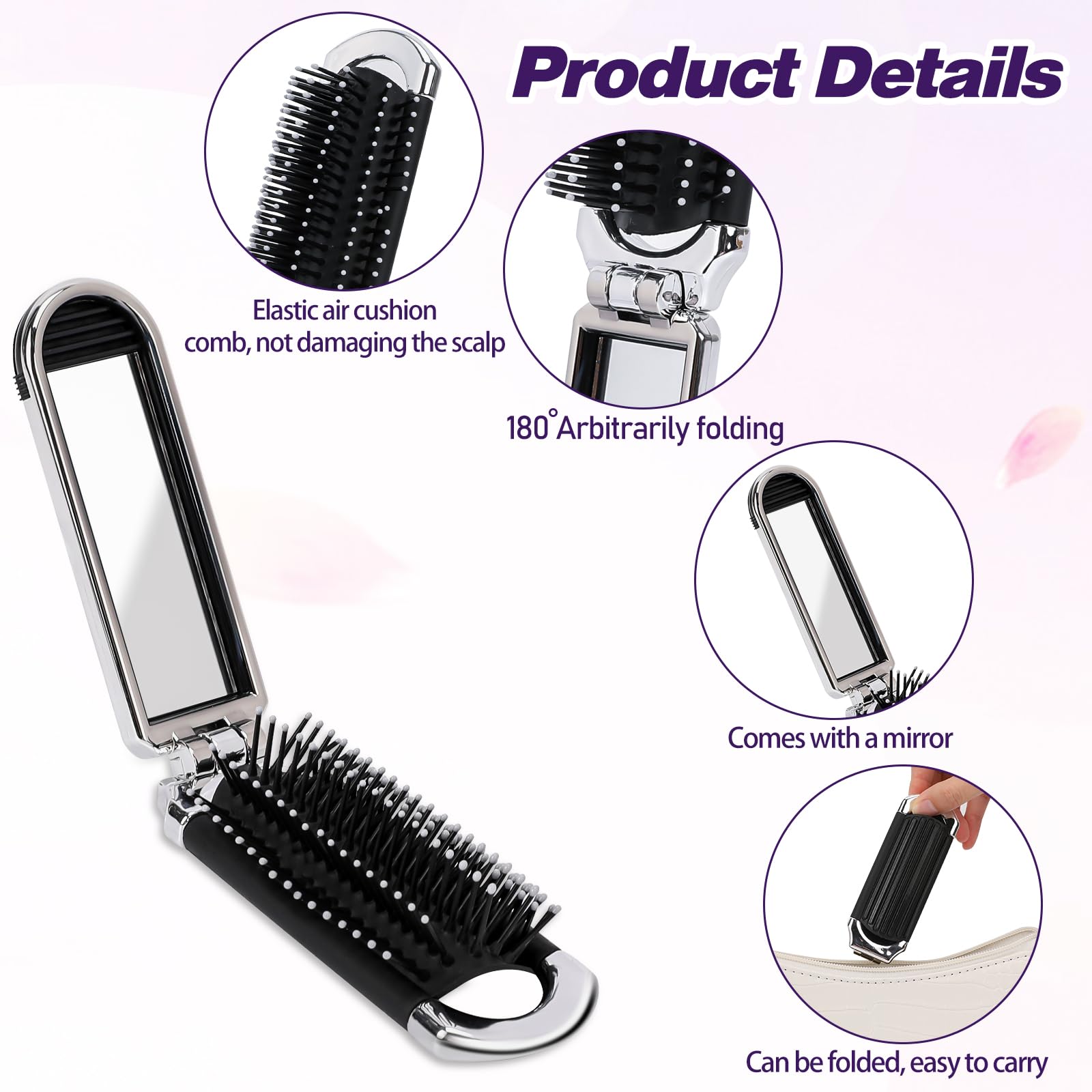 2 Pack Folding Travel Hair Brush For Women And Men, Small Portable Hairbrush With Mirror Mini Collapsible Pocket Size Brush Comp