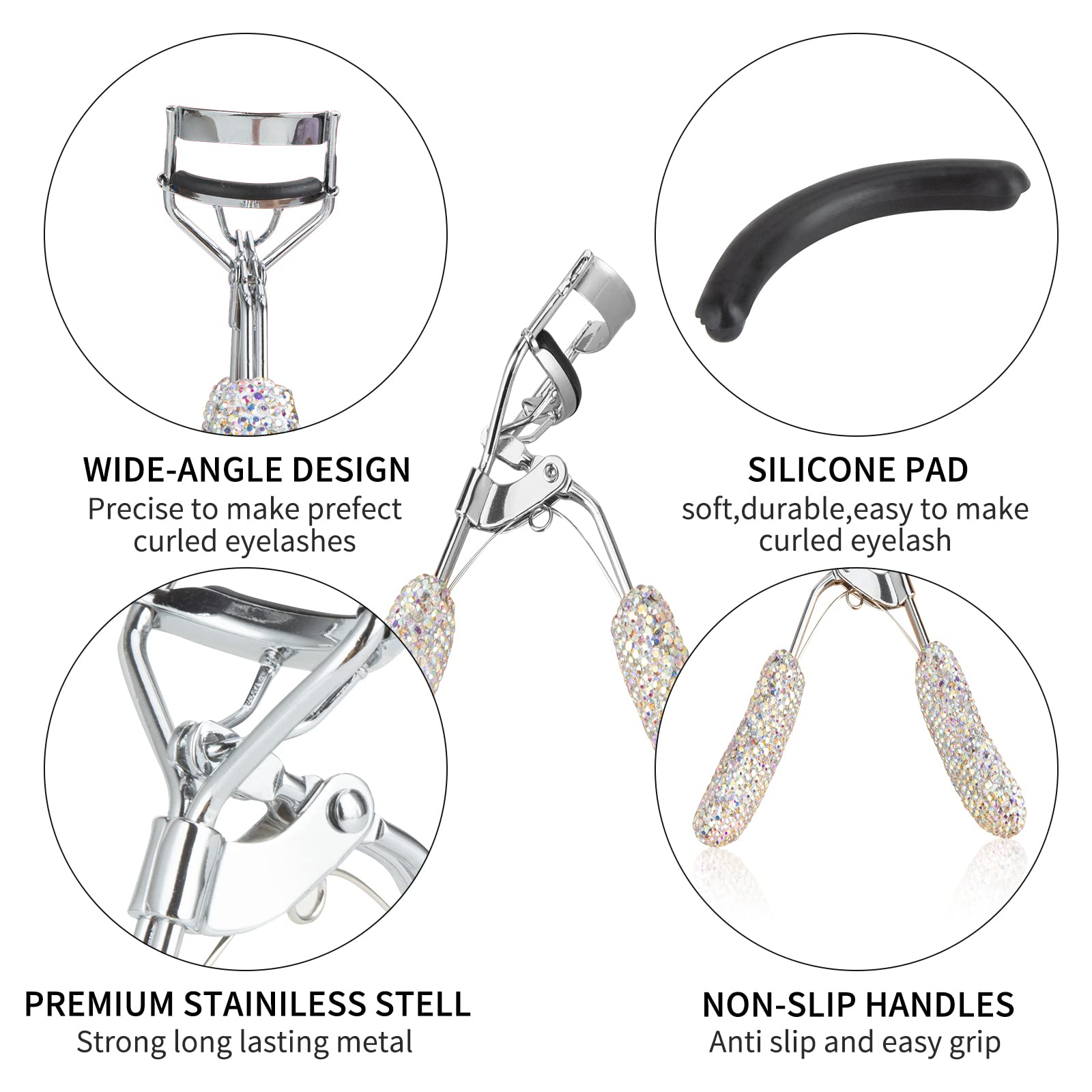 Bling Rhinestone Eyelash Curlers Stainless Steel Natural And Long Lasting Eyelash Fit For All Eye Shape Curved Lash Curler (Ab C