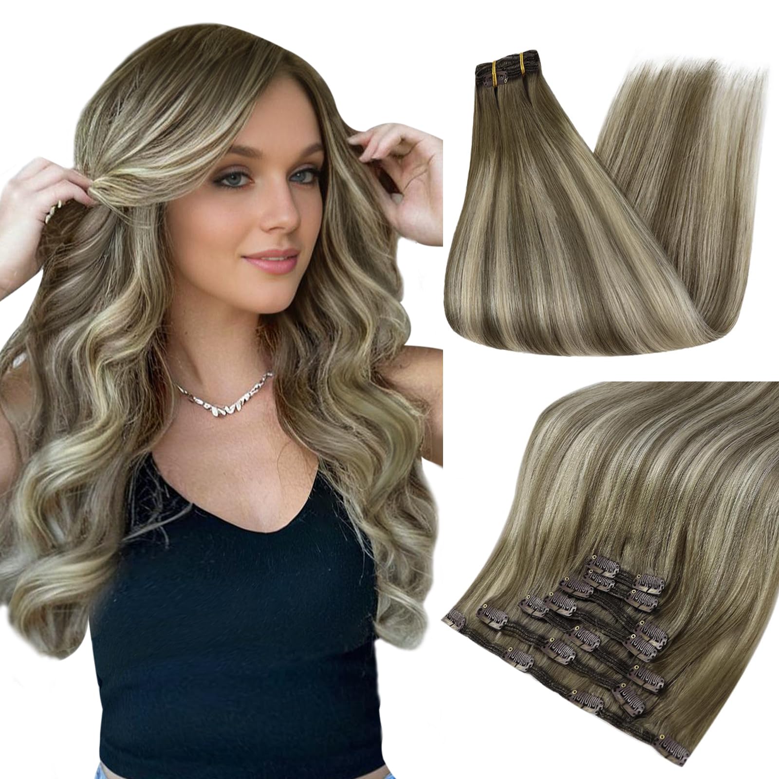 Full Shine Ombre Hair Extensions Clip In Human Hair Double Weft Cool Taupe Tapue And Platinum Blonde 16 Inch Straigjh Seamless C