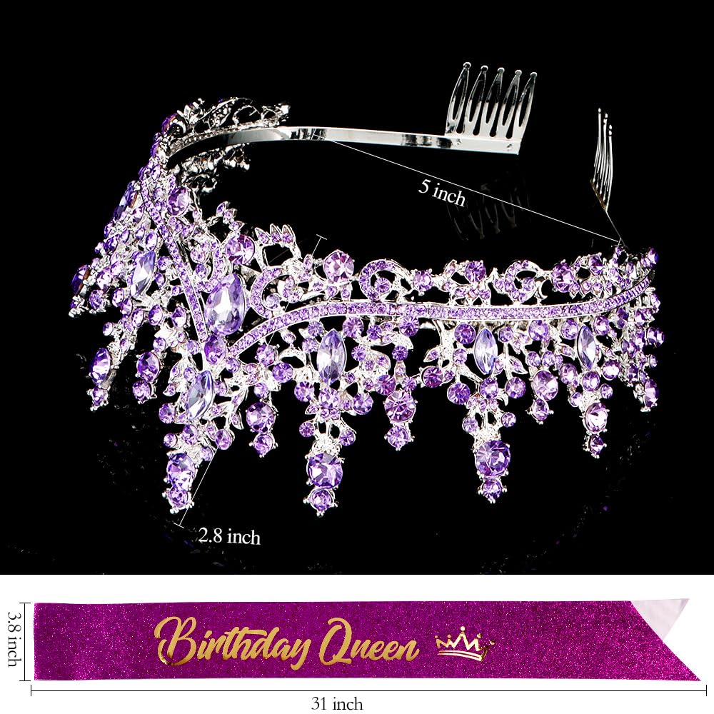 ATODEN Birthday Queen Sash Purple Tiara Crown Tiaras and Crowns for Women Girls Crystal Princess Tiara Rhinestone Headbands Quin