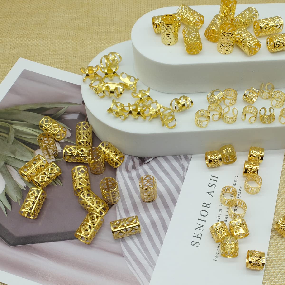 100 Pcs Gold Dreadlock Beads Locs Accessories , Jewelry For Braids, Women And Girls, Adjustable Cuffs Braiding Hair Rings Decora