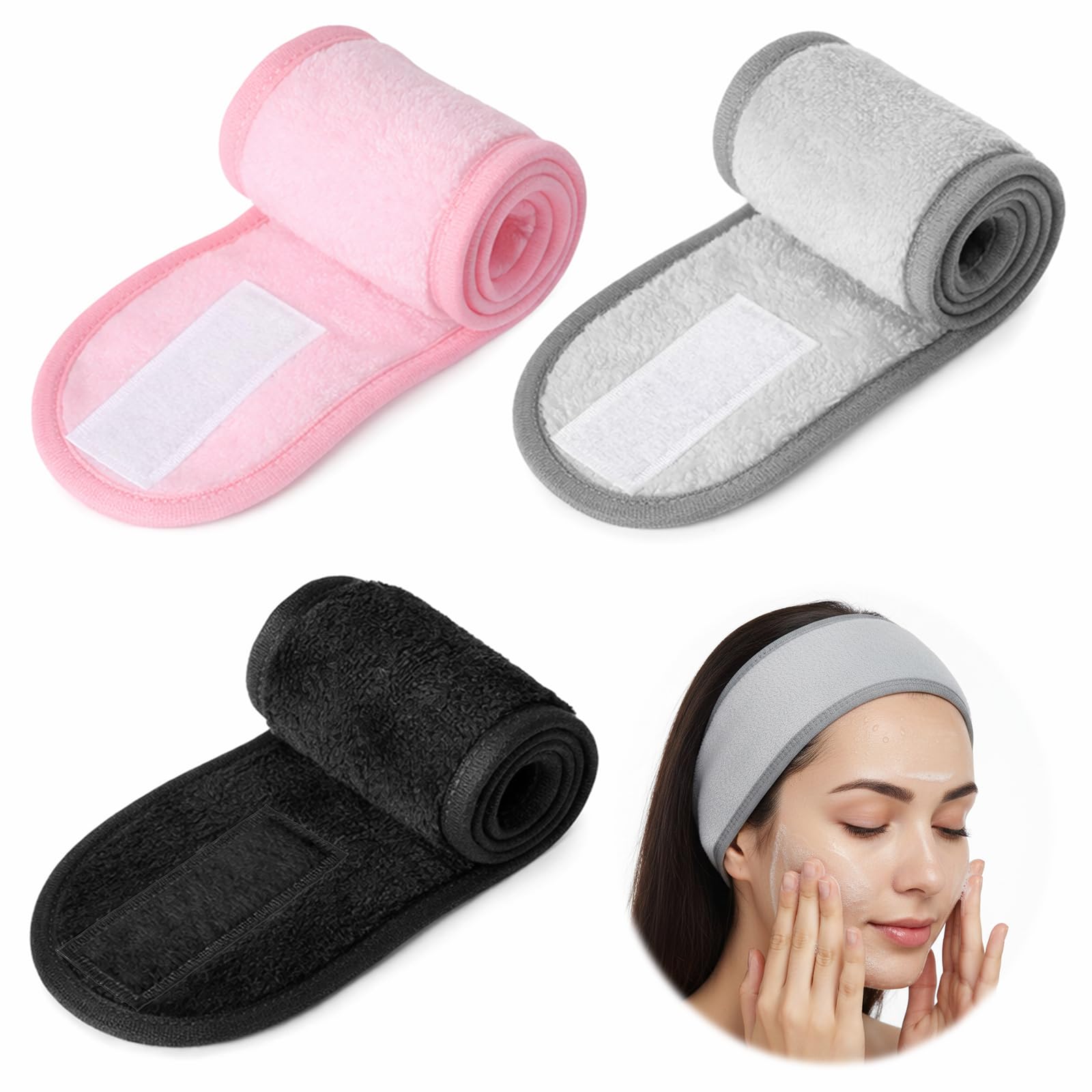 Yuomeaz 3Pcs Facial Spa Headband, Adjustable Face Wash Headscarf for Women, Soft Hair Wrap Headband for Washing Face, Makeup, an