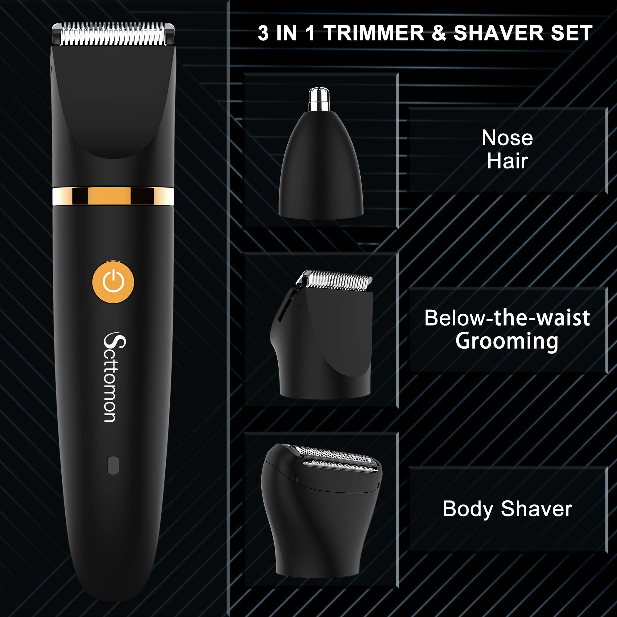 Scttomon Electric Groin Hair Trimmer, Waterproof 3-in-1 Body Shaver, Stainless Steel, Black, Model RFC-2018