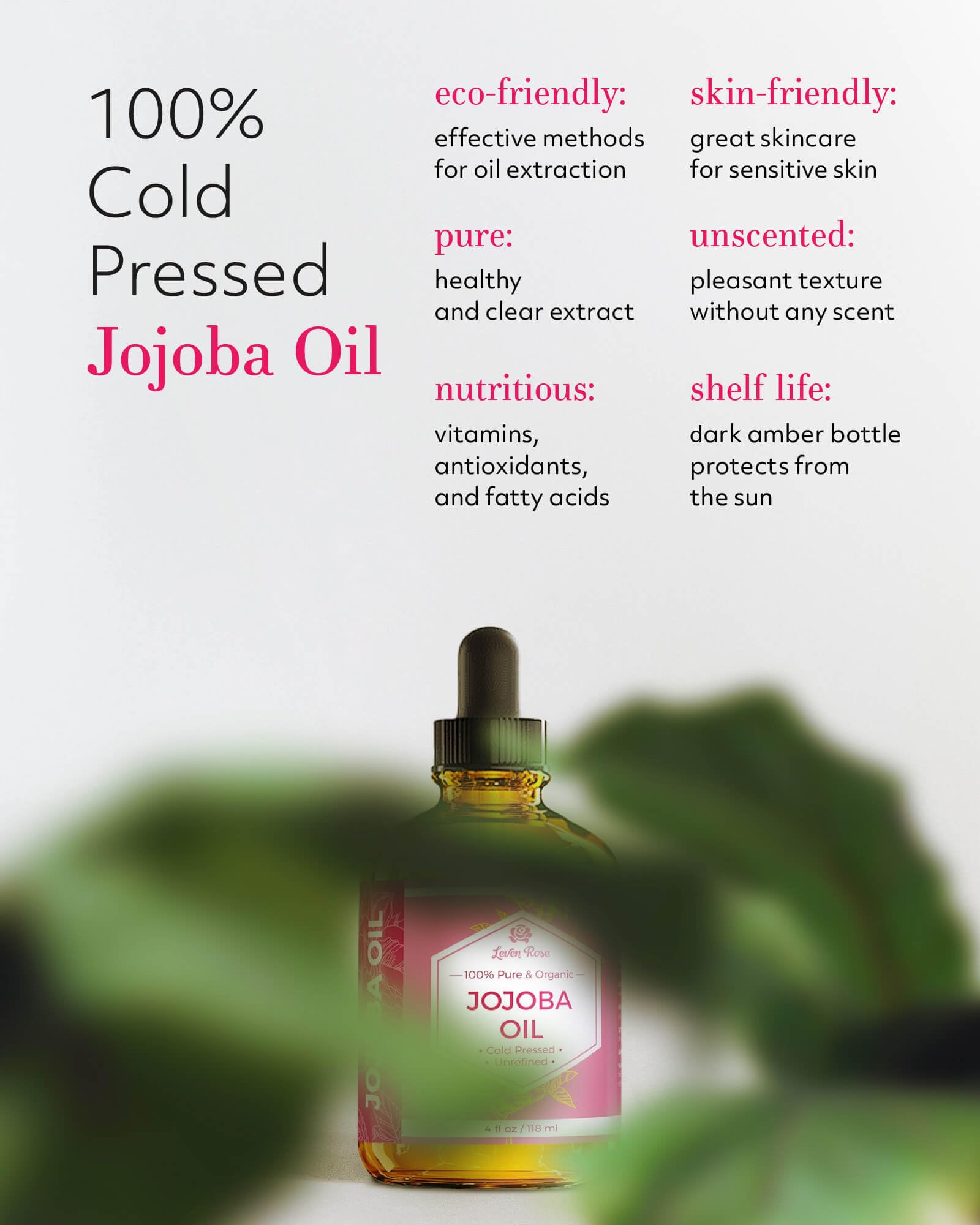 Leven Rose Jojoba Oil, Pure Cold Pressed Natural Unrefined Moisturizer For Skin Hair And Nails, 4Oz