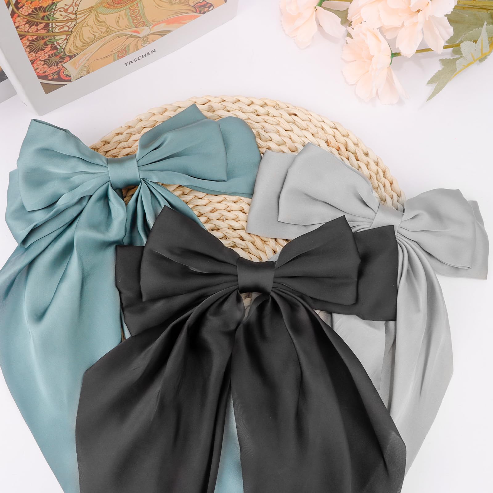 3Pcs Silky Satin Hair Bows For Women Hair Ribbons For Girls Big Bow Hair Ties Large Hair Barrettes For Girl French Cute Hair Cli
