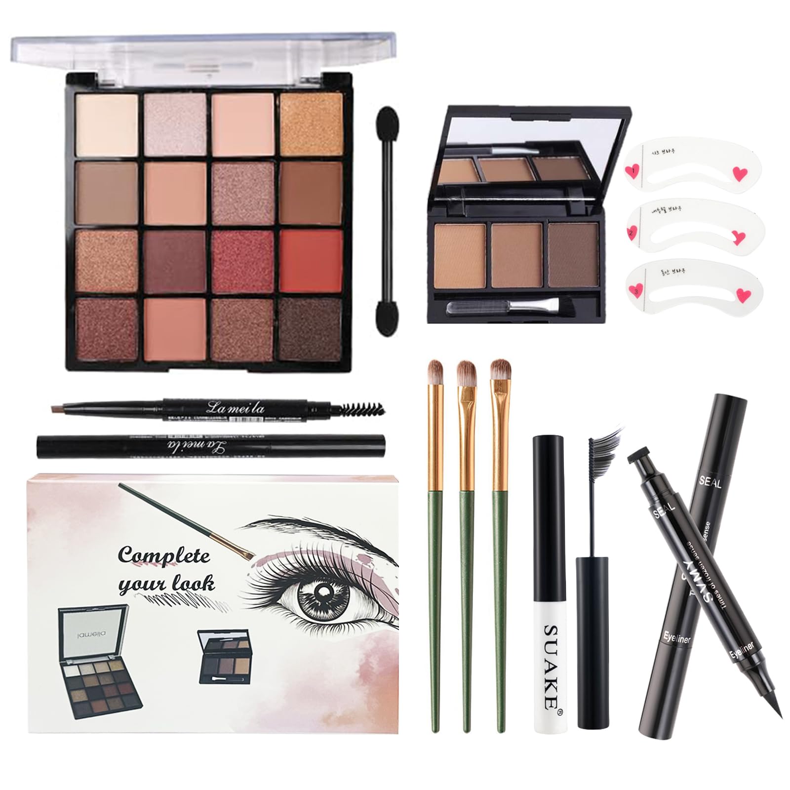 All In One Makeup Kit For Girls - 16 Colors Naked Eyeshadow Palette, 3Pcs Makeup Brushes, Waterproof Eyeliner Pencil, Eyebrow Po
