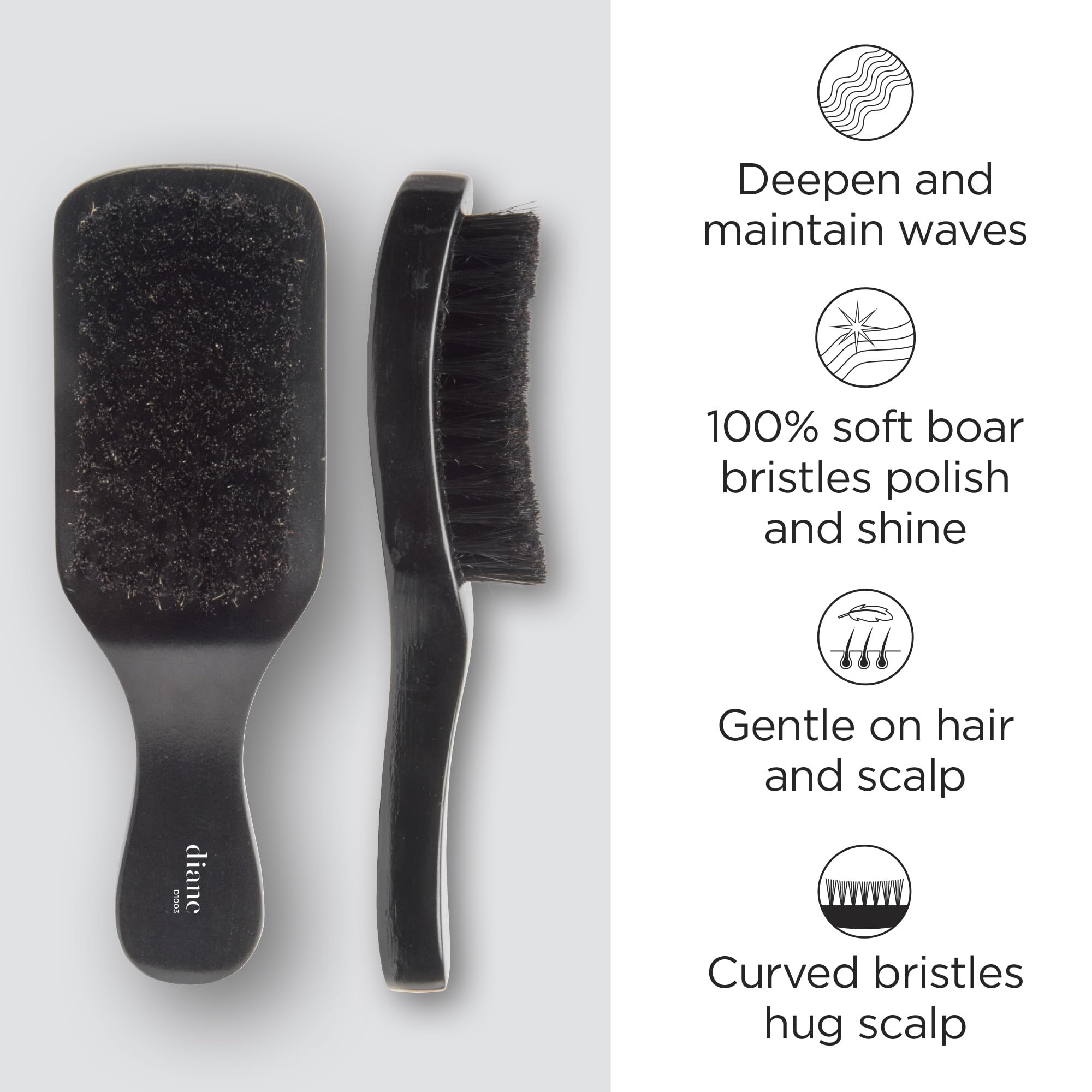 Diane 100% Boar Bristle Curved Club Wave Brush For Men And Women - Soft Bristles For Fine To Medium Hair - Use For Detangling, S