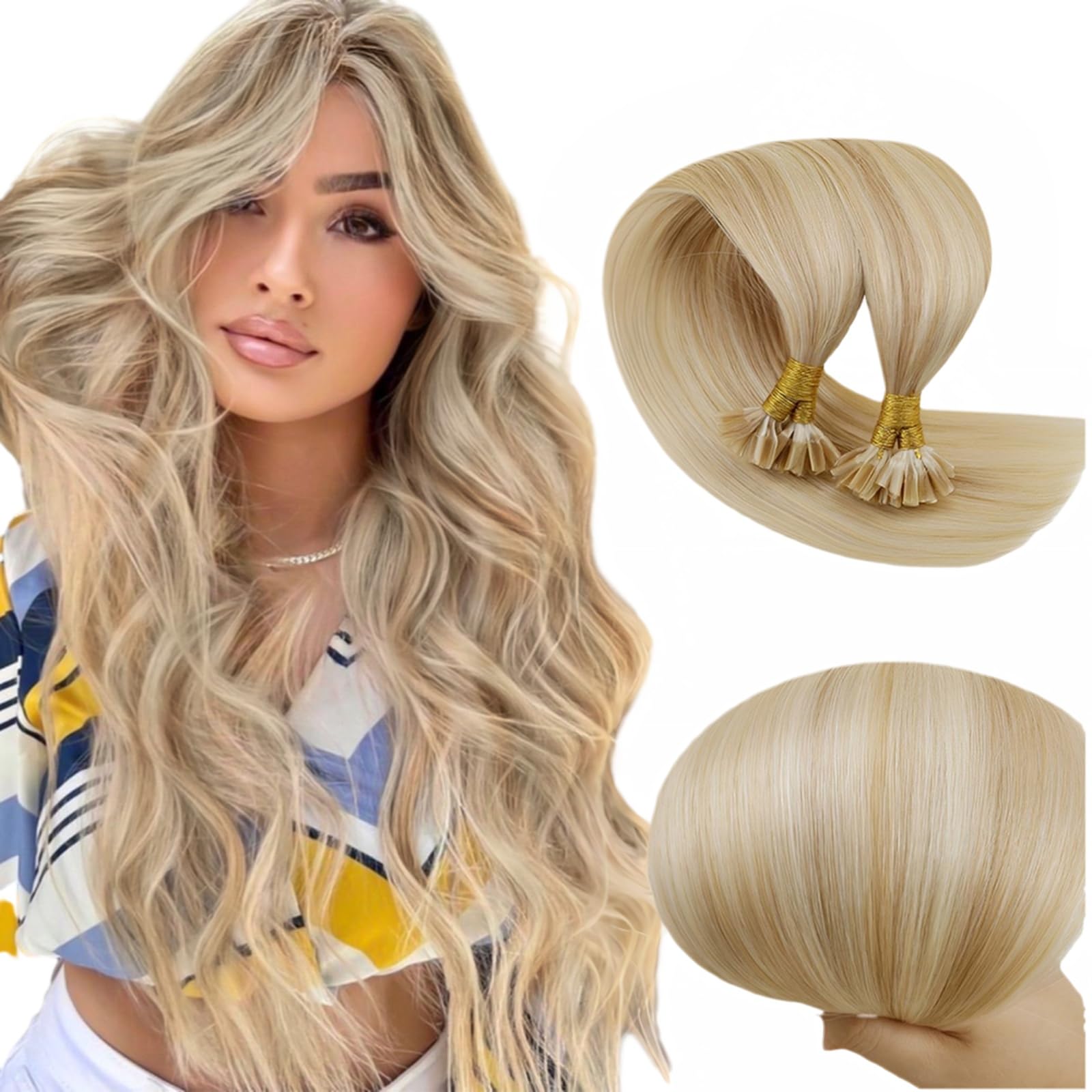RUNATURE U Tip Keratin Hair Extensions Human Hair Blonde U Tip Hair Extensions Human Hair Ash Blonde Mix Platinum Blonde U Tip H