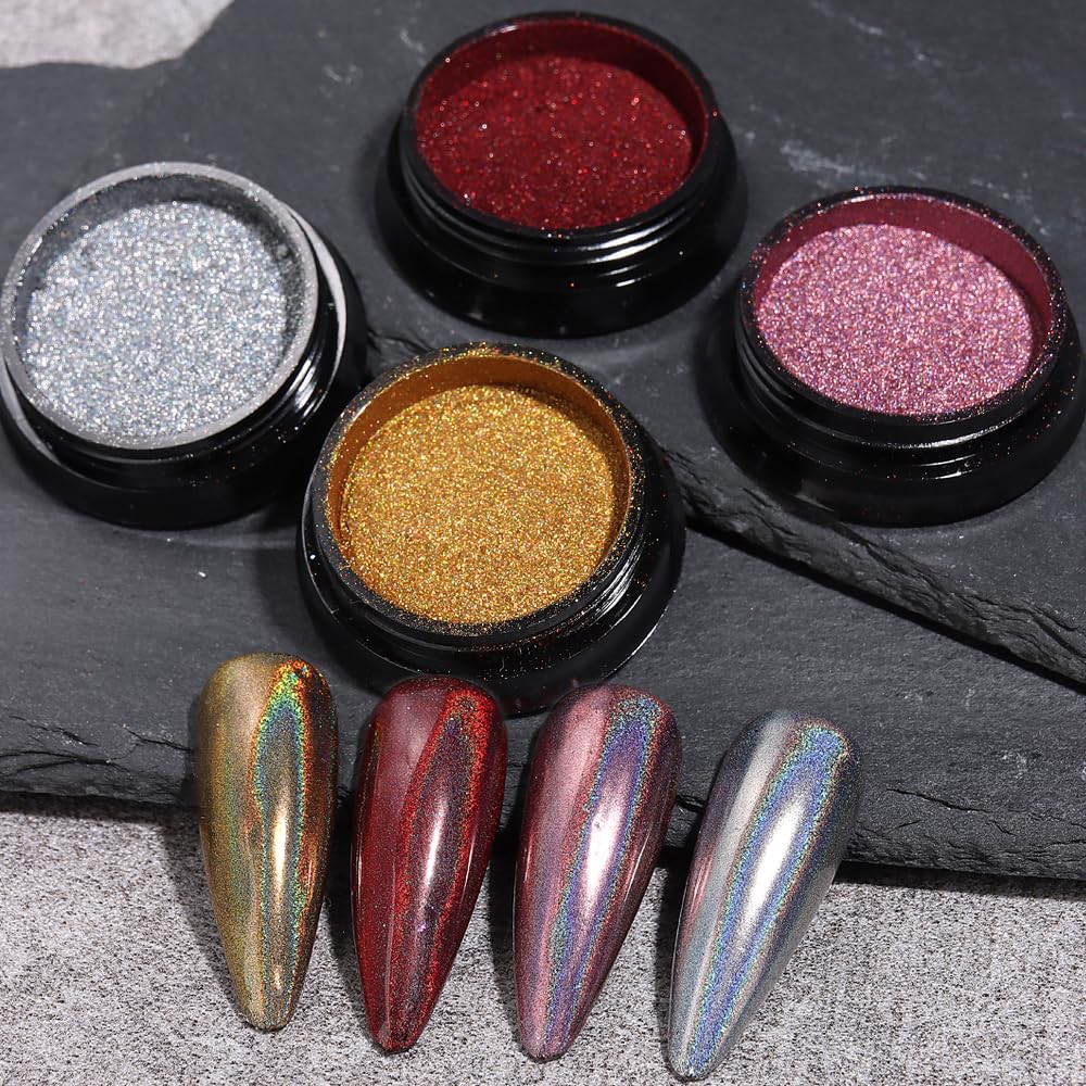 10Pcs Chrome Nail Powder Set, Holographic Unicorn Laser Nail Powder, Aurora Mermaid Iridescent Chameleon Mirror Effect Pigment G